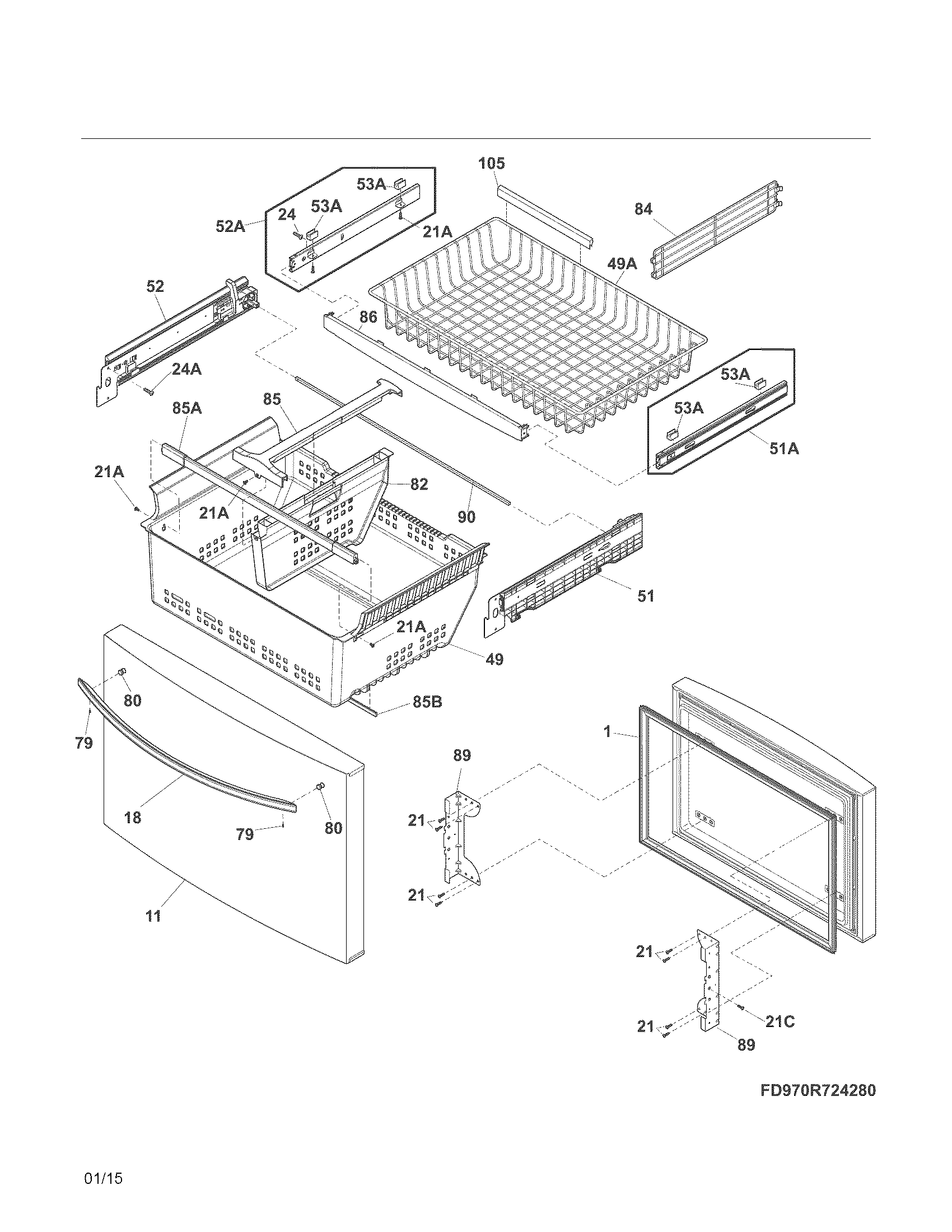 Kenmore 25370413411 freezer drawer, baskets diagram