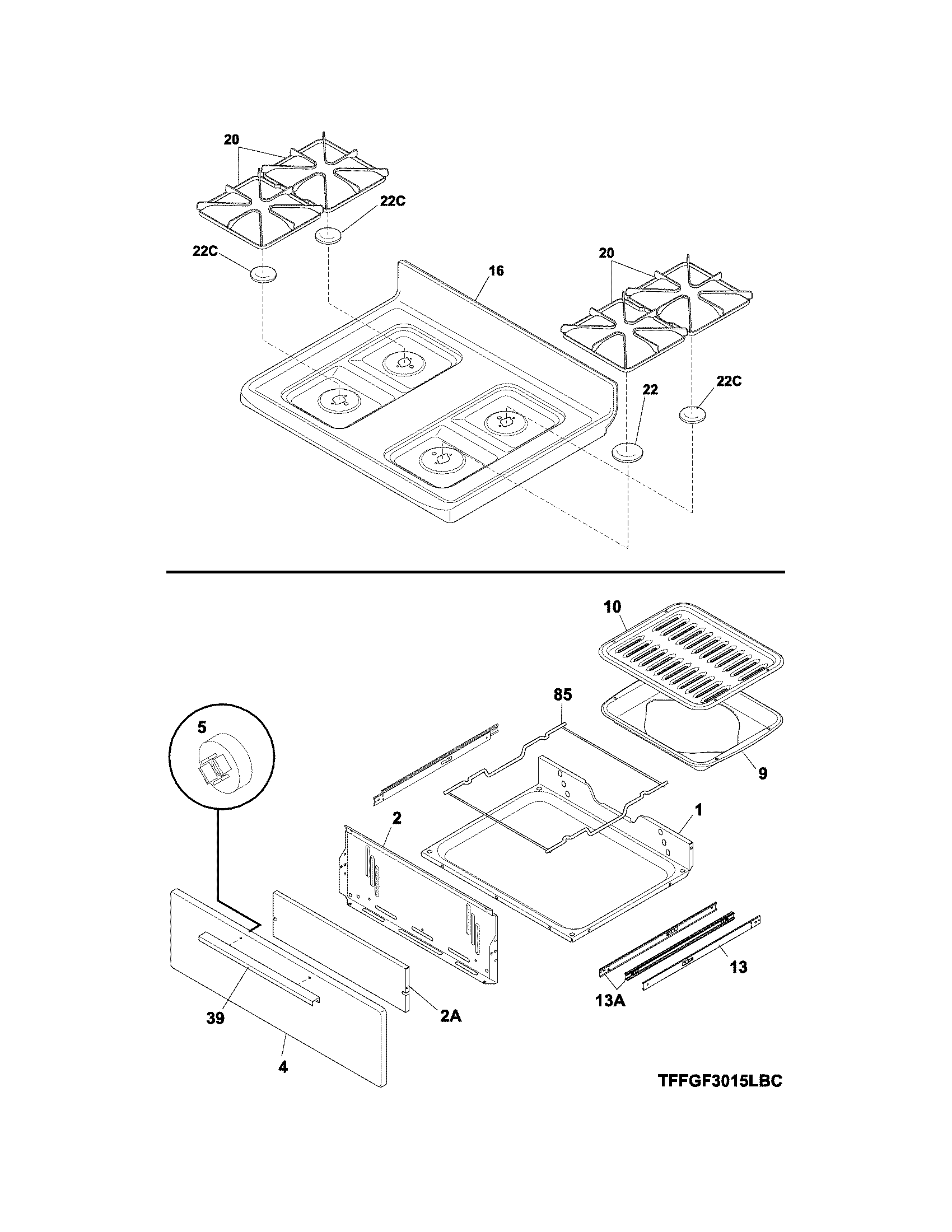 Frigidaire FFGF3015LBE top/drawer diagram