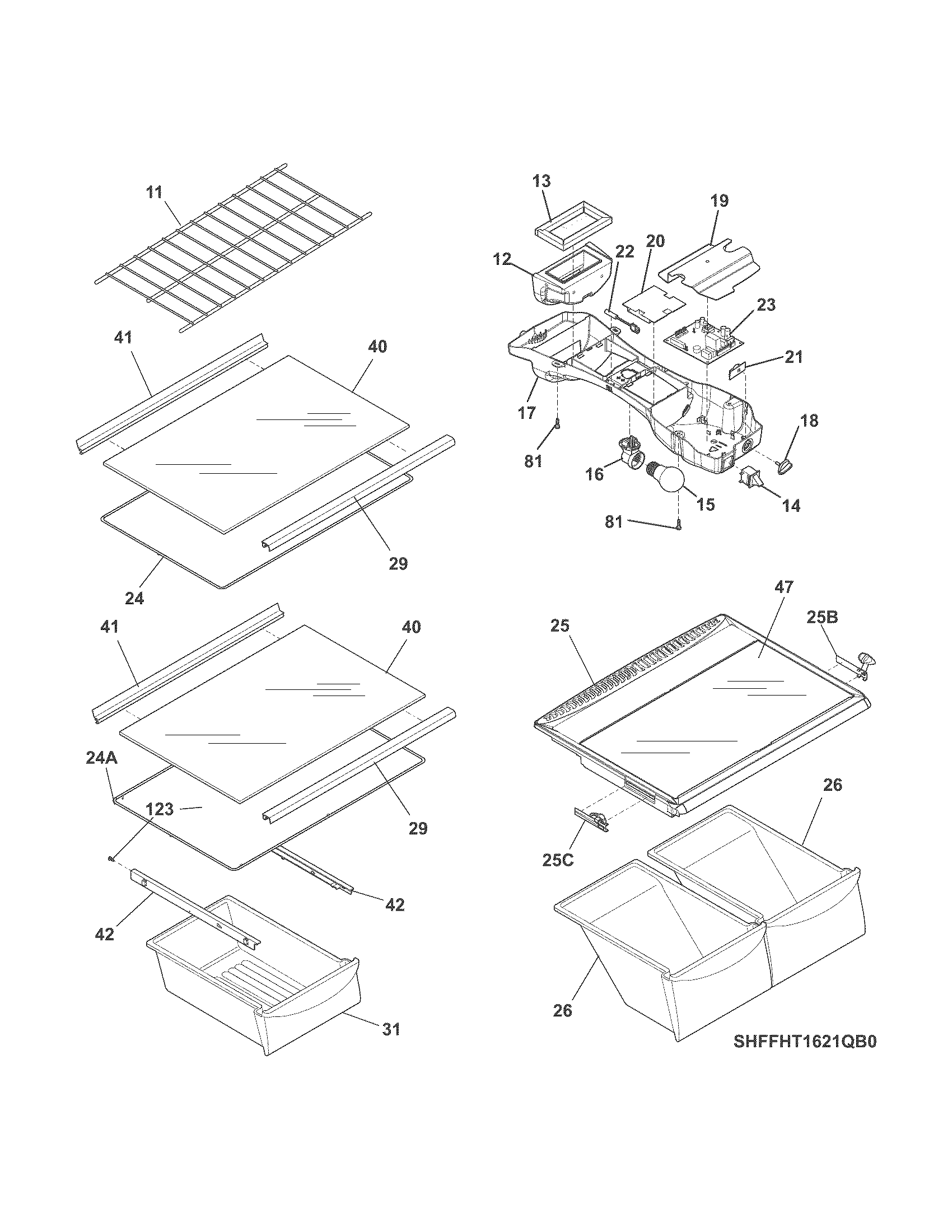 Frigidaire FFTR1621QB2 shelves diagram