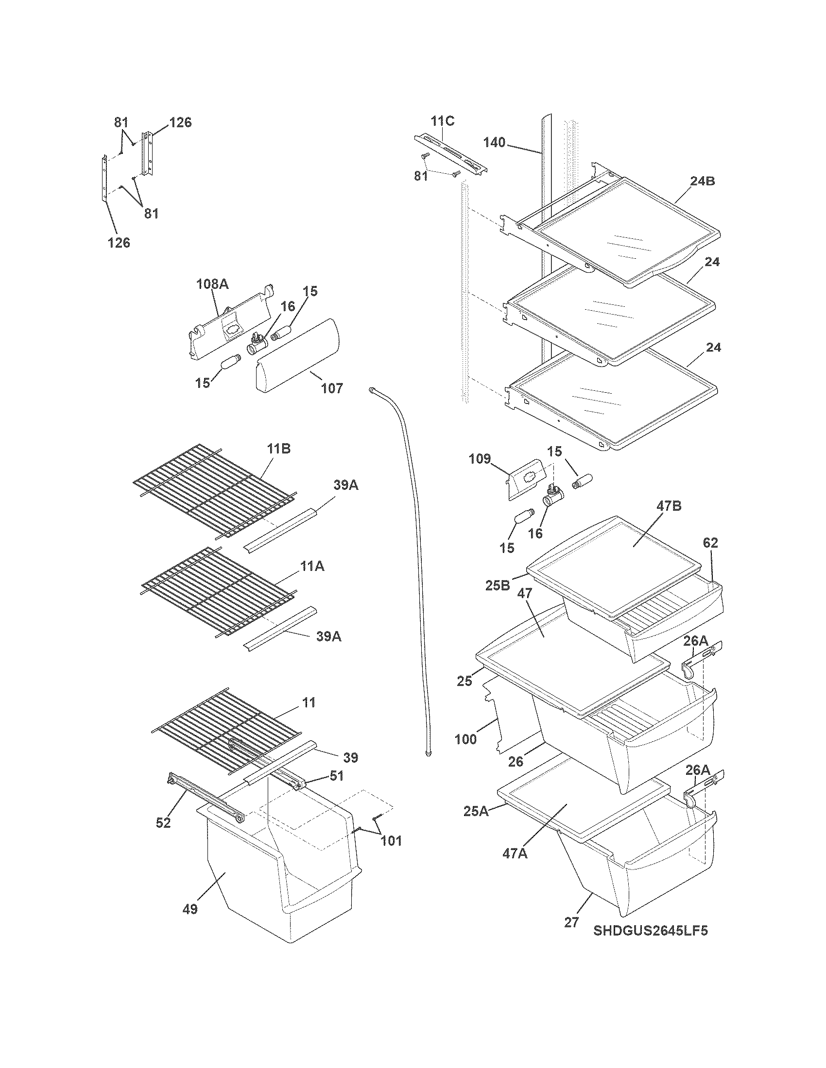 Frigidaire DGUS2645LF5 shelves diagram