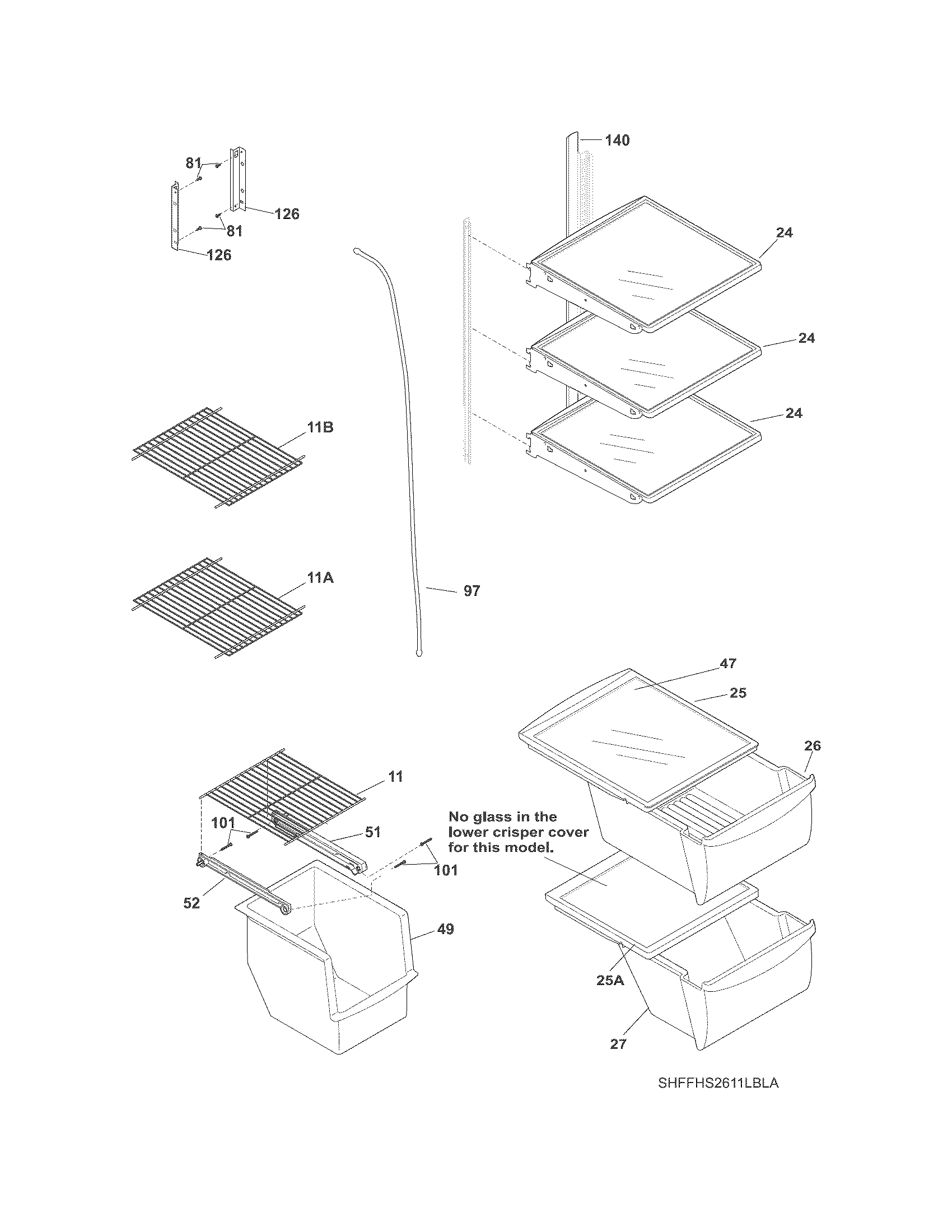 Frigidaire FFHS2611LBMA shelves diagram