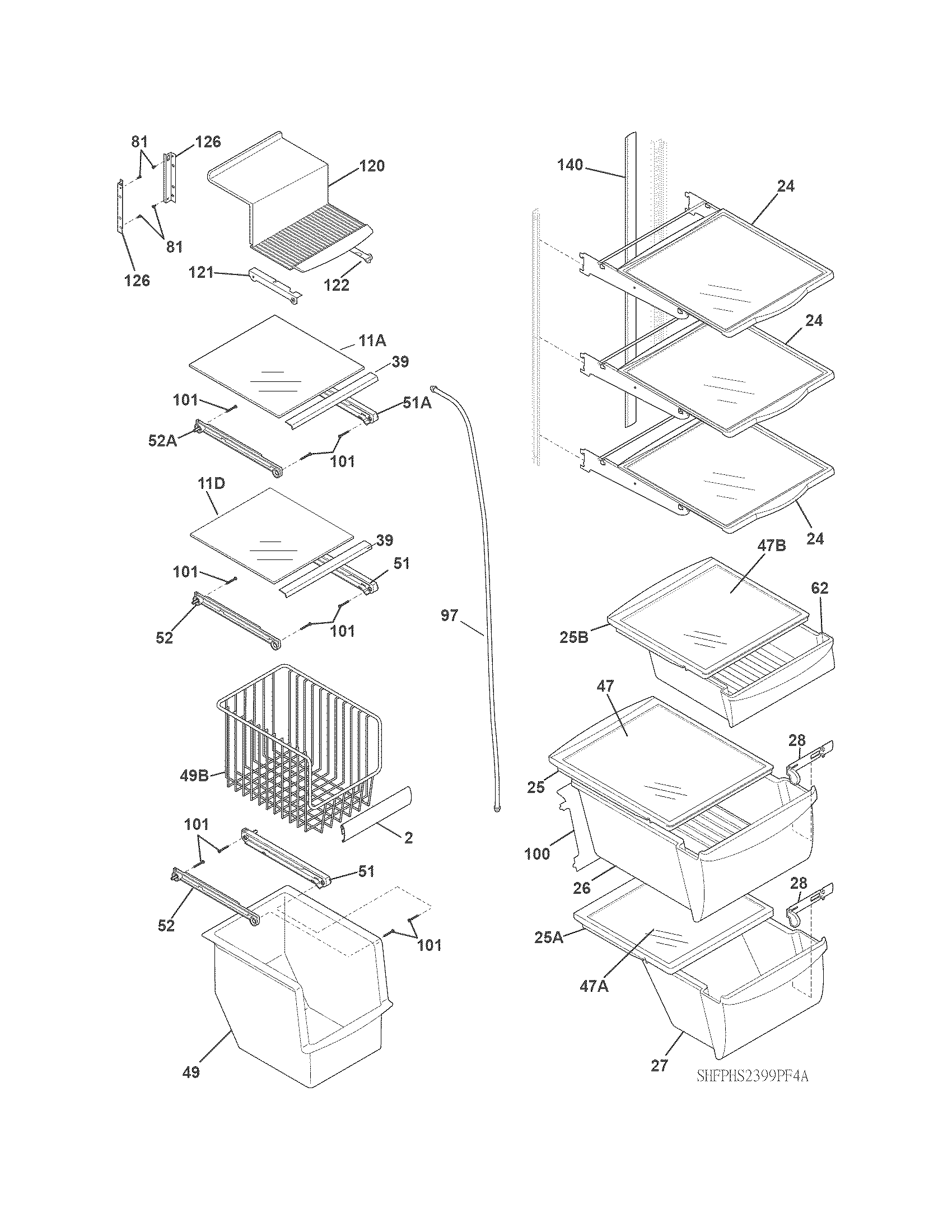 Frigidaire FPHS2399PF4A shelves diagram
