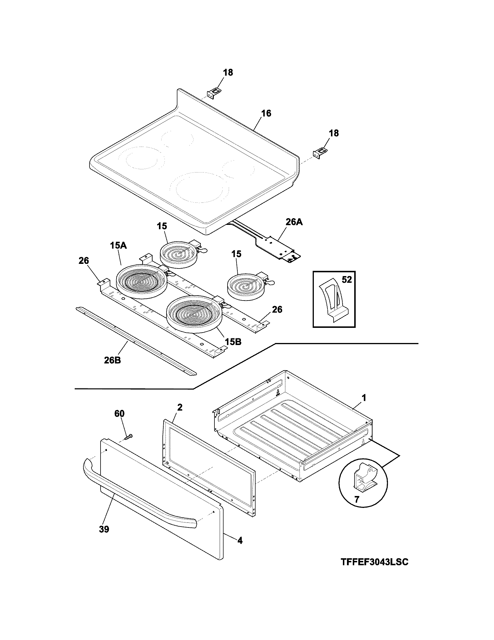 Frigidaire FFEF3043LSM top/drawer diagram