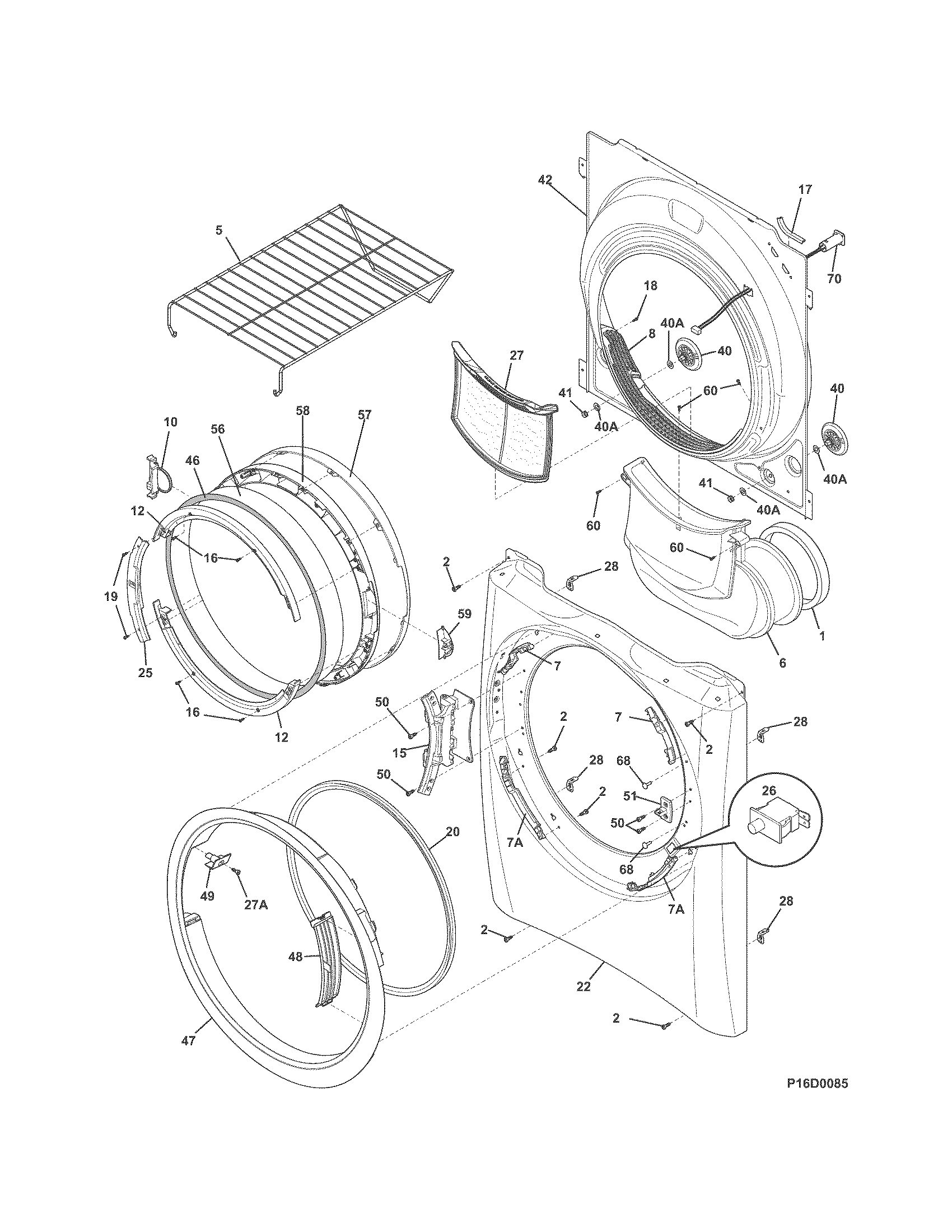 Electrolux EIMED60JIW6 front panel/lint filter diagram