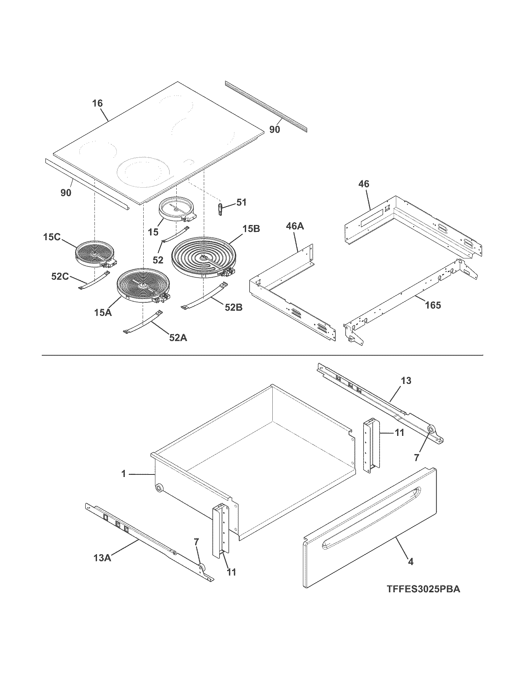 Frigidaire CFES3025PWA top/drawer diagram