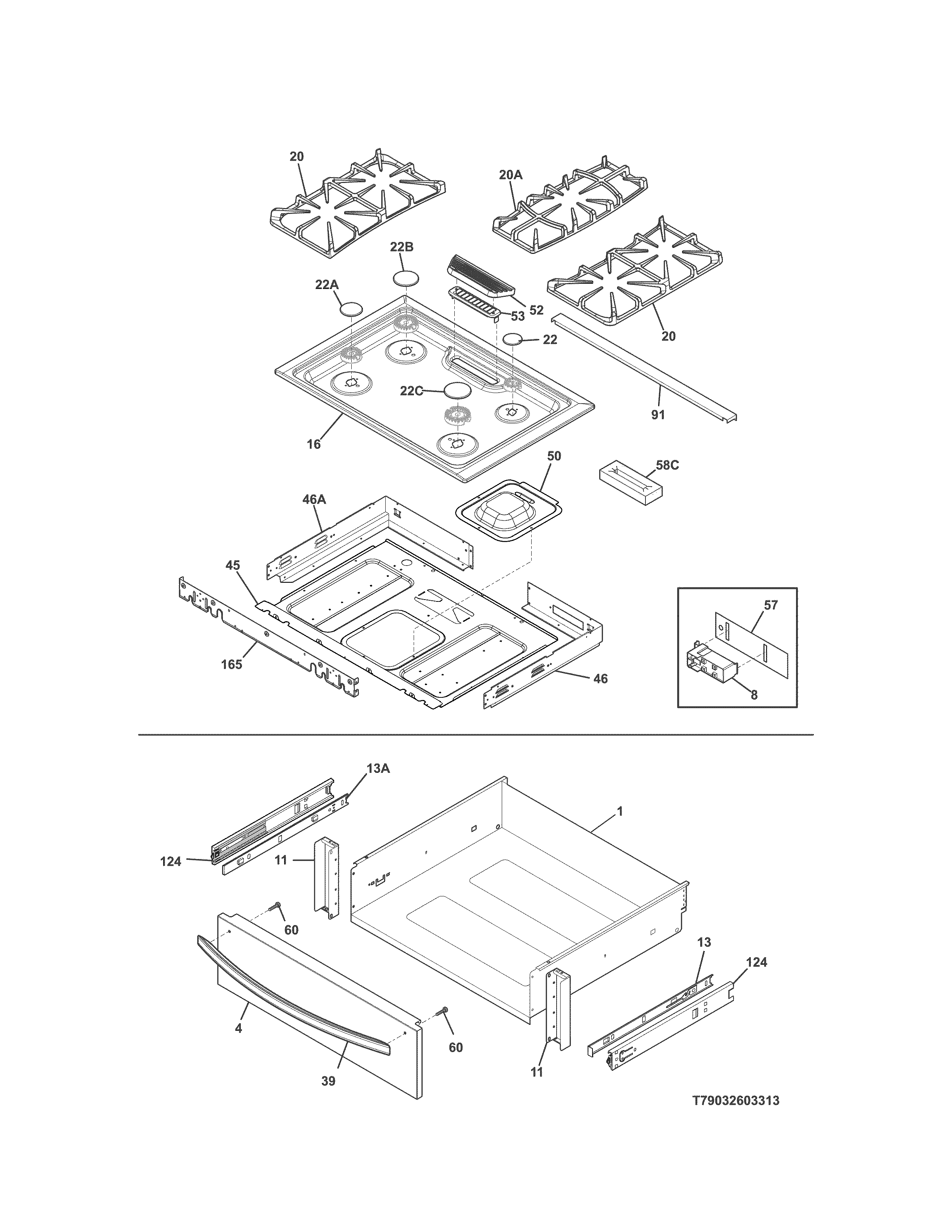 Kenmore 79032603313 top/drawer diagram