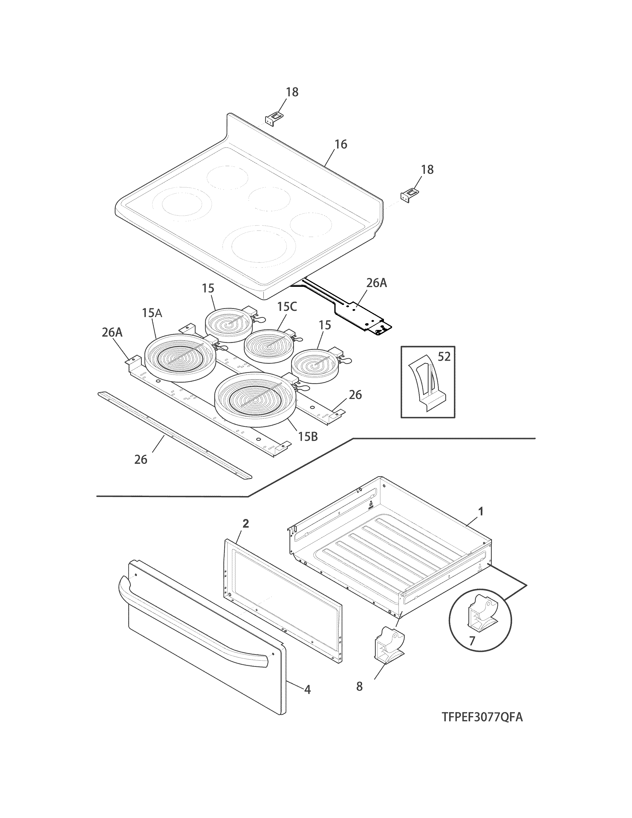 Frigidaire CGEF3035RWA top/drawer diagram