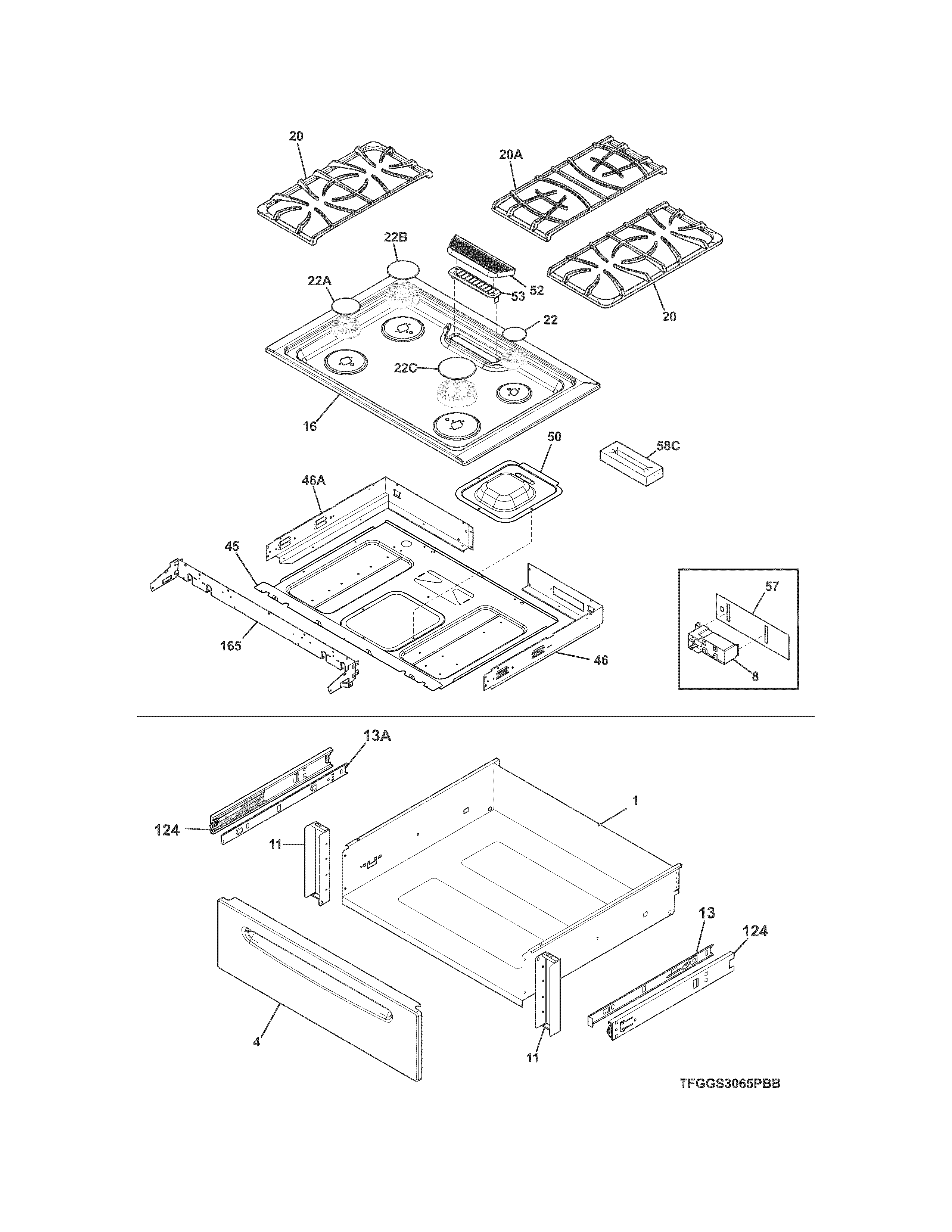 Frigidaire FGGS3065PBJ top/drawer diagram