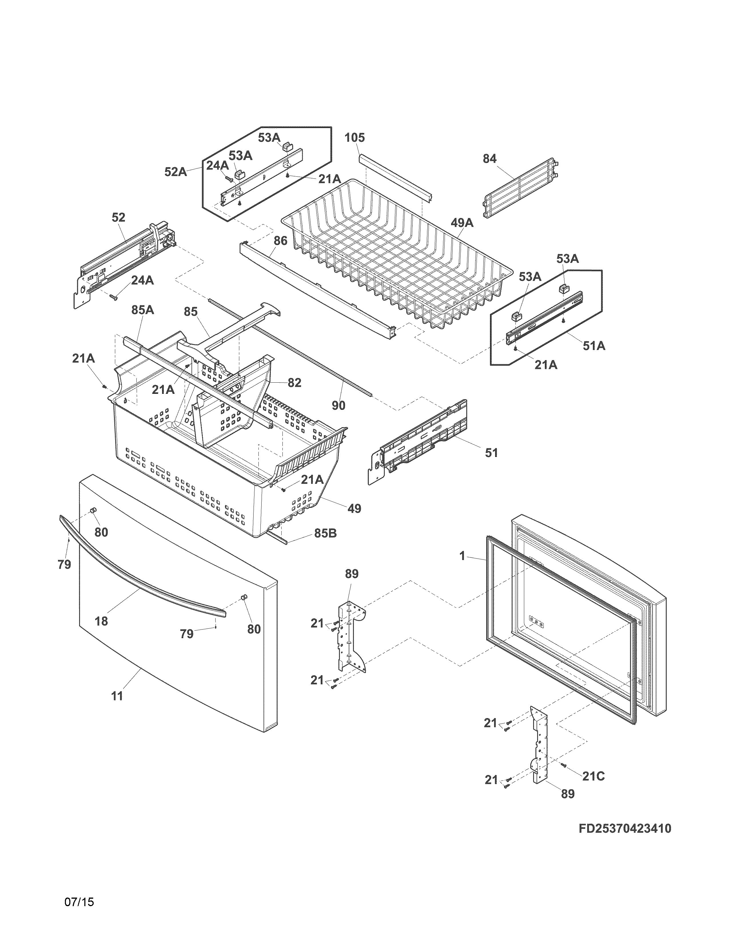 Kenmore 25370423412 freezer drawer, baskets diagram