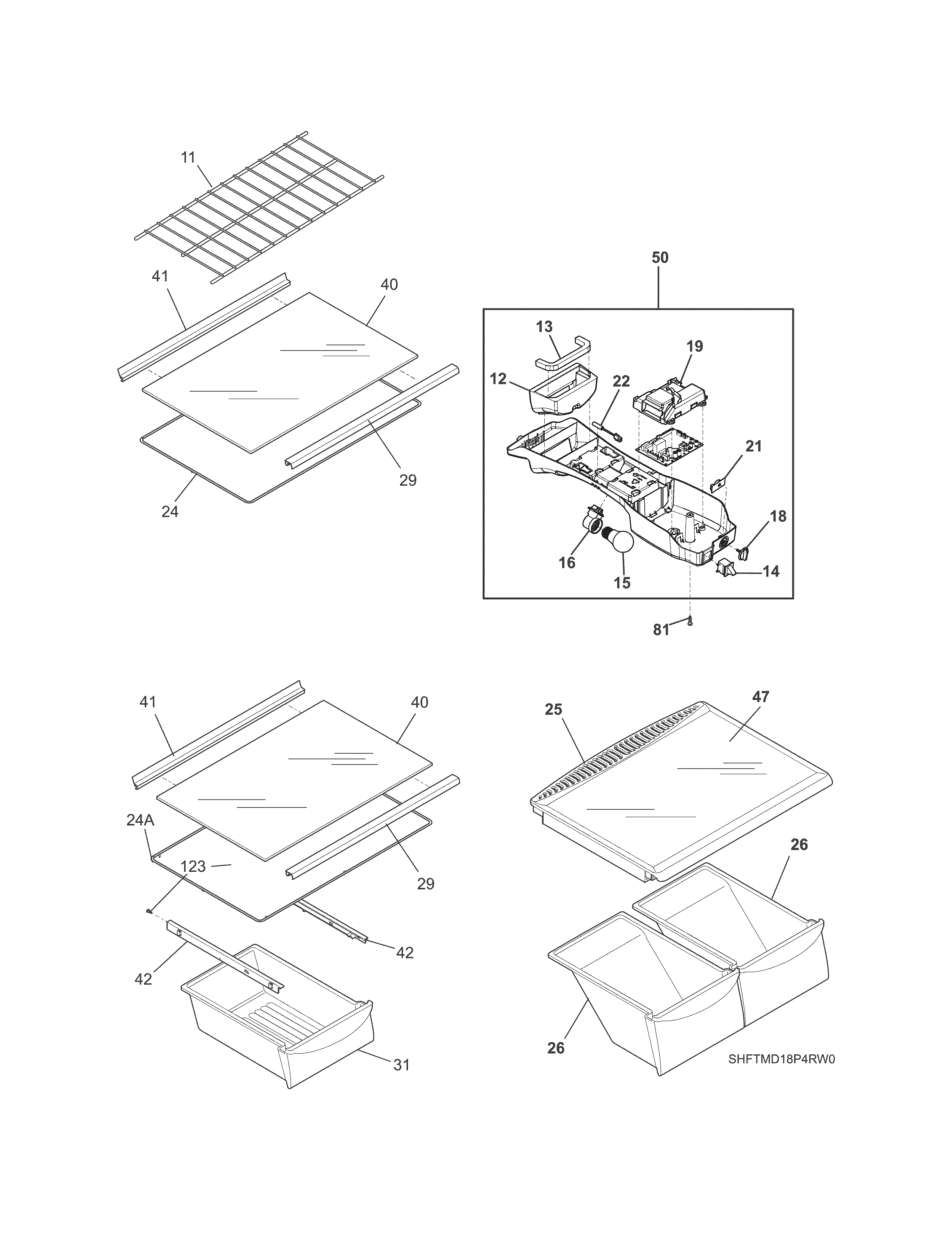 Frigidaire FTMD18P4RW1 shelves diagram
