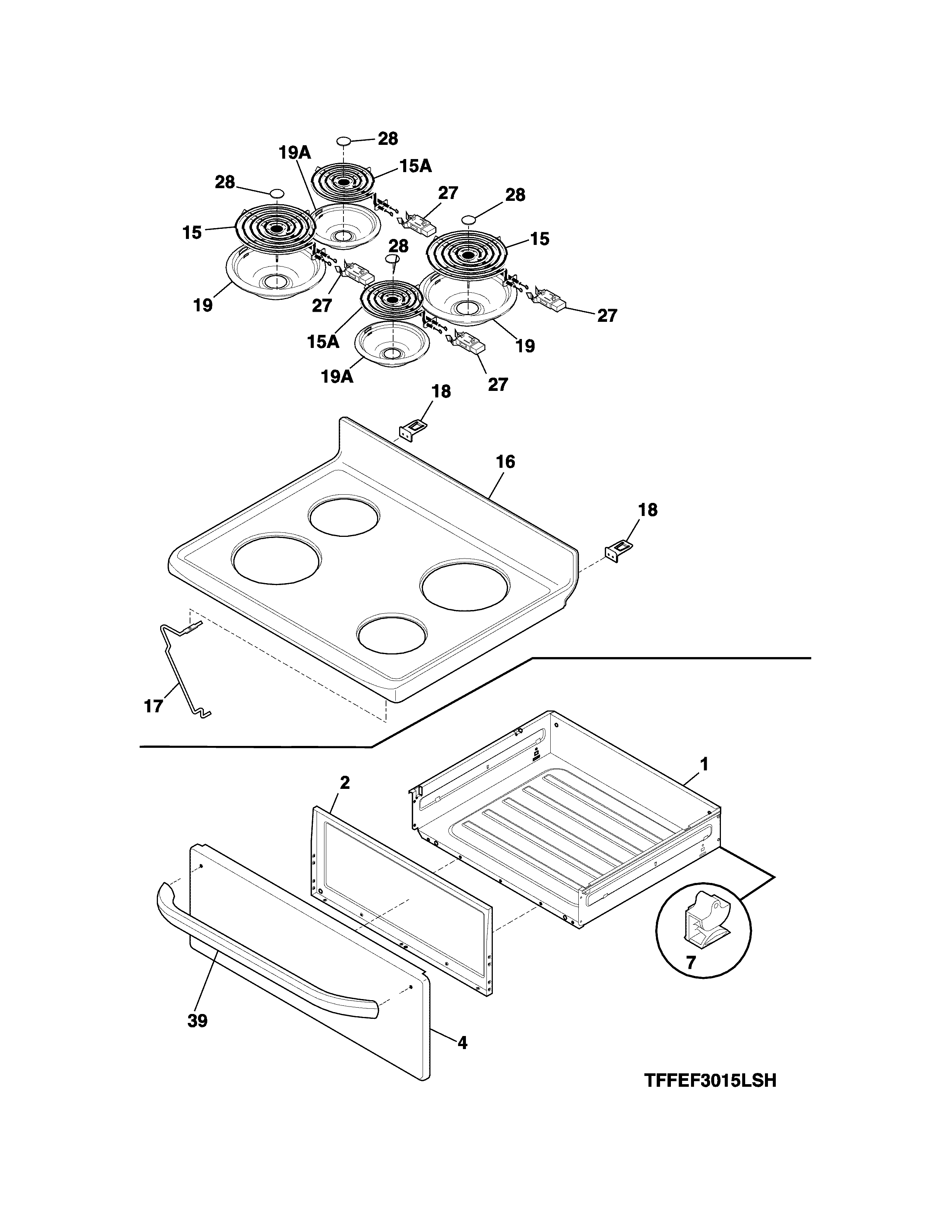 Frigidaire FFEF3011RSA top/drawer diagram