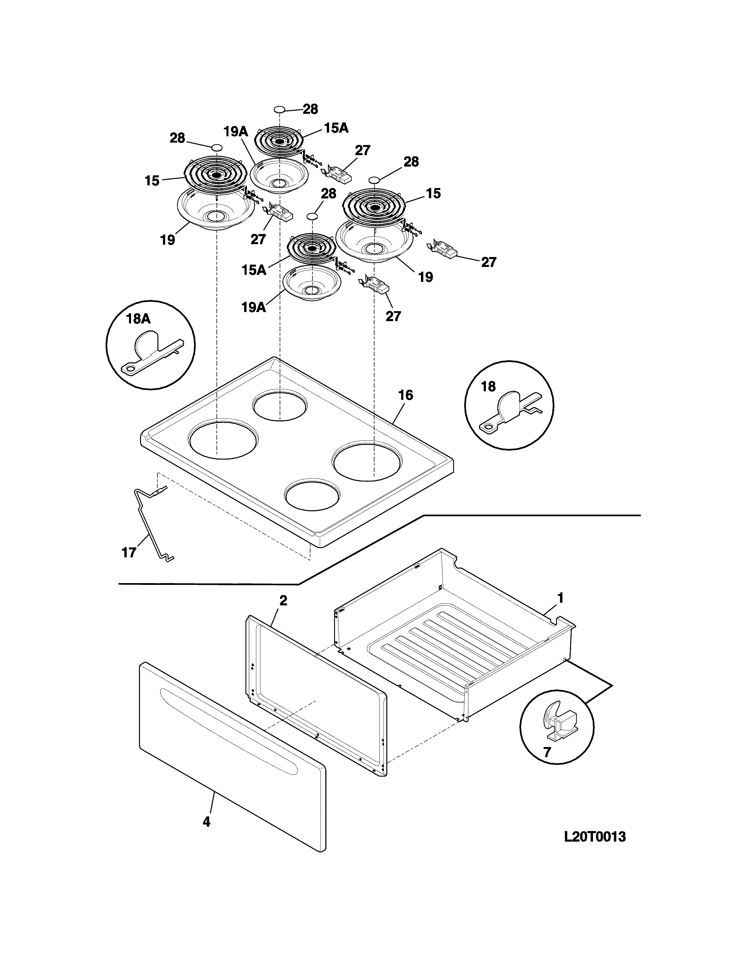 Frigidaire FFEF3005MBC top/drawer diagram