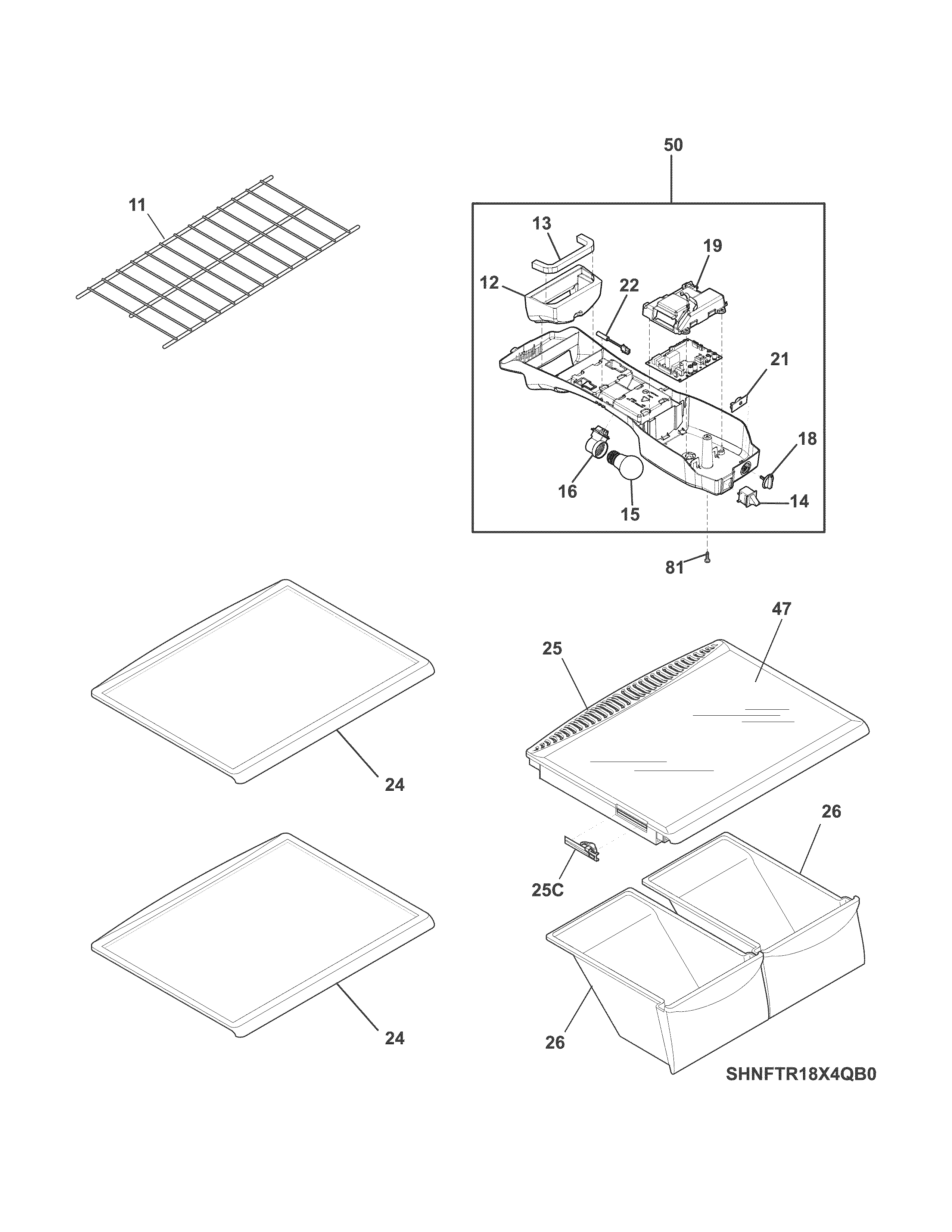 Frigidaire FFTR18D2QB1 shelves diagram