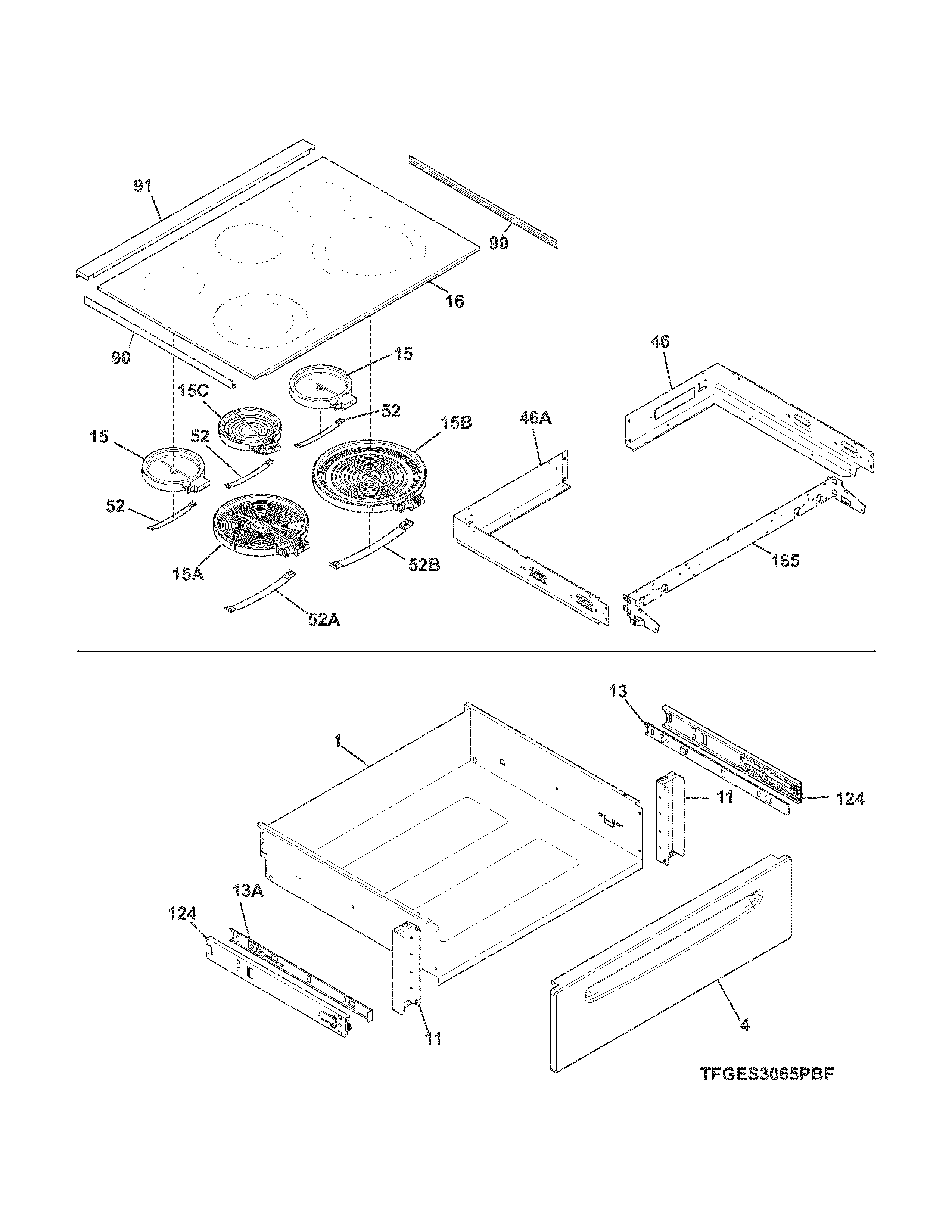 Frigidaire FGES3065PBF top/drawer diagram