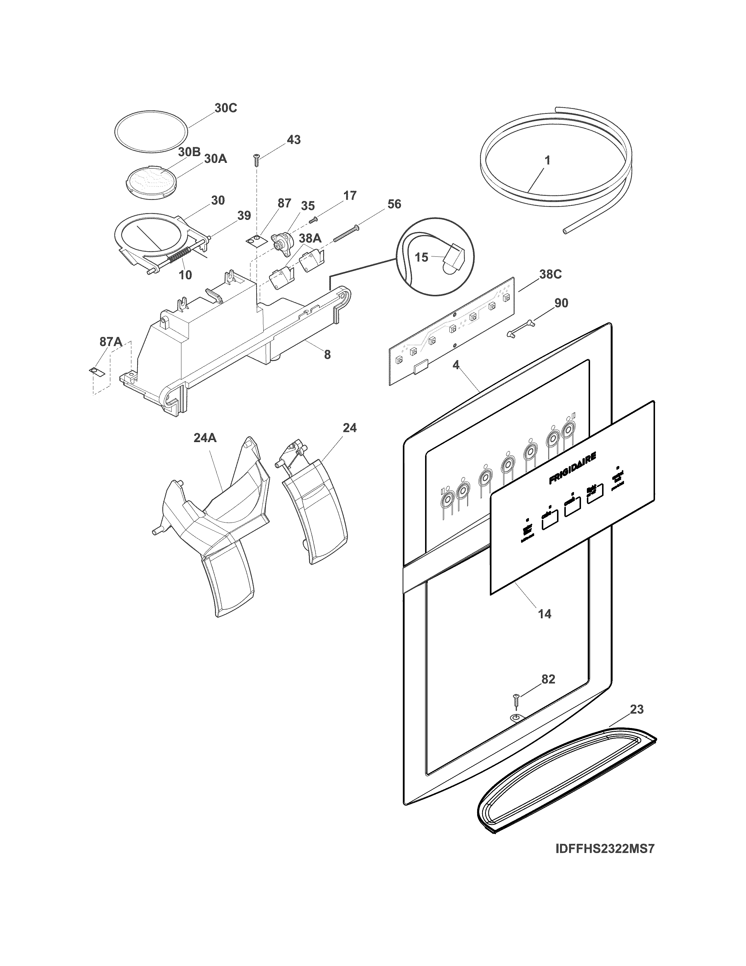 Frigidaire FFHS2322MWJA ice & water dispenser diagram