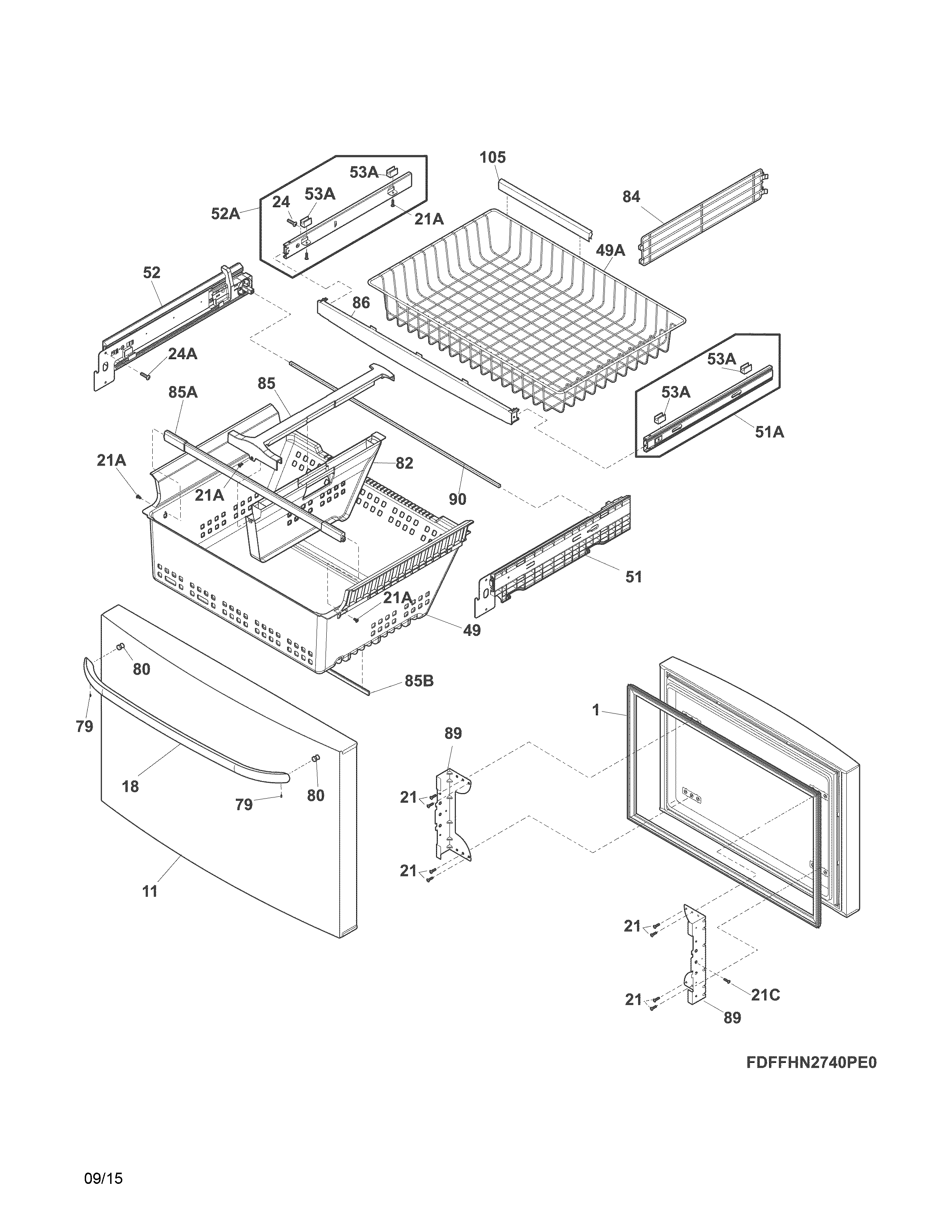Frigidaire FFHN2740PP3A freezer drawer, baskets diagram