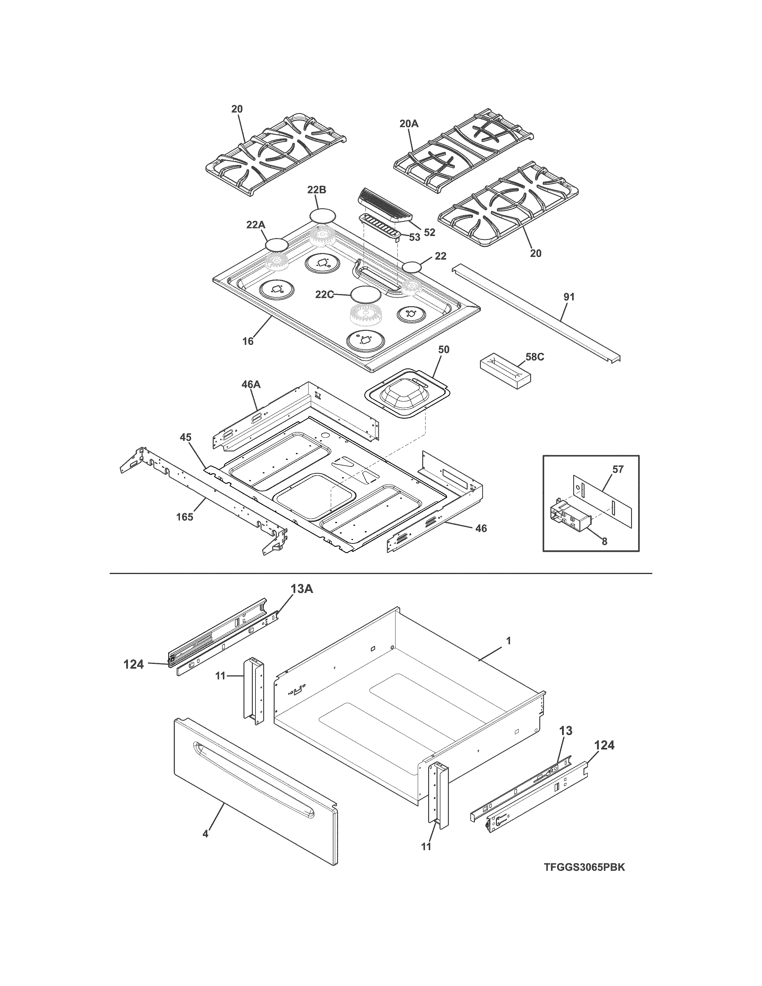 Frigidaire FGGS3065PWK top/drawer diagram