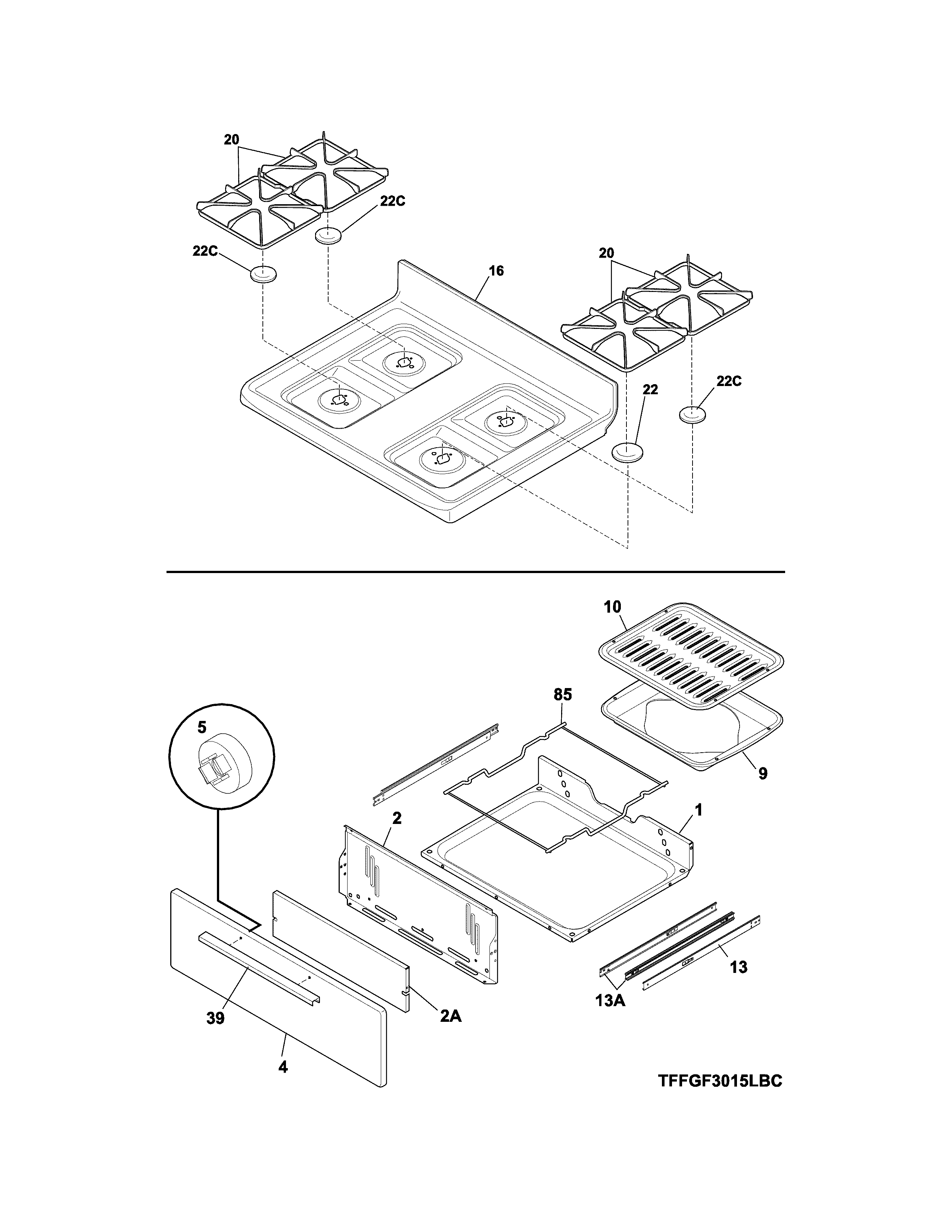 Frigidaire FFGF3015LBF top/drawer diagram