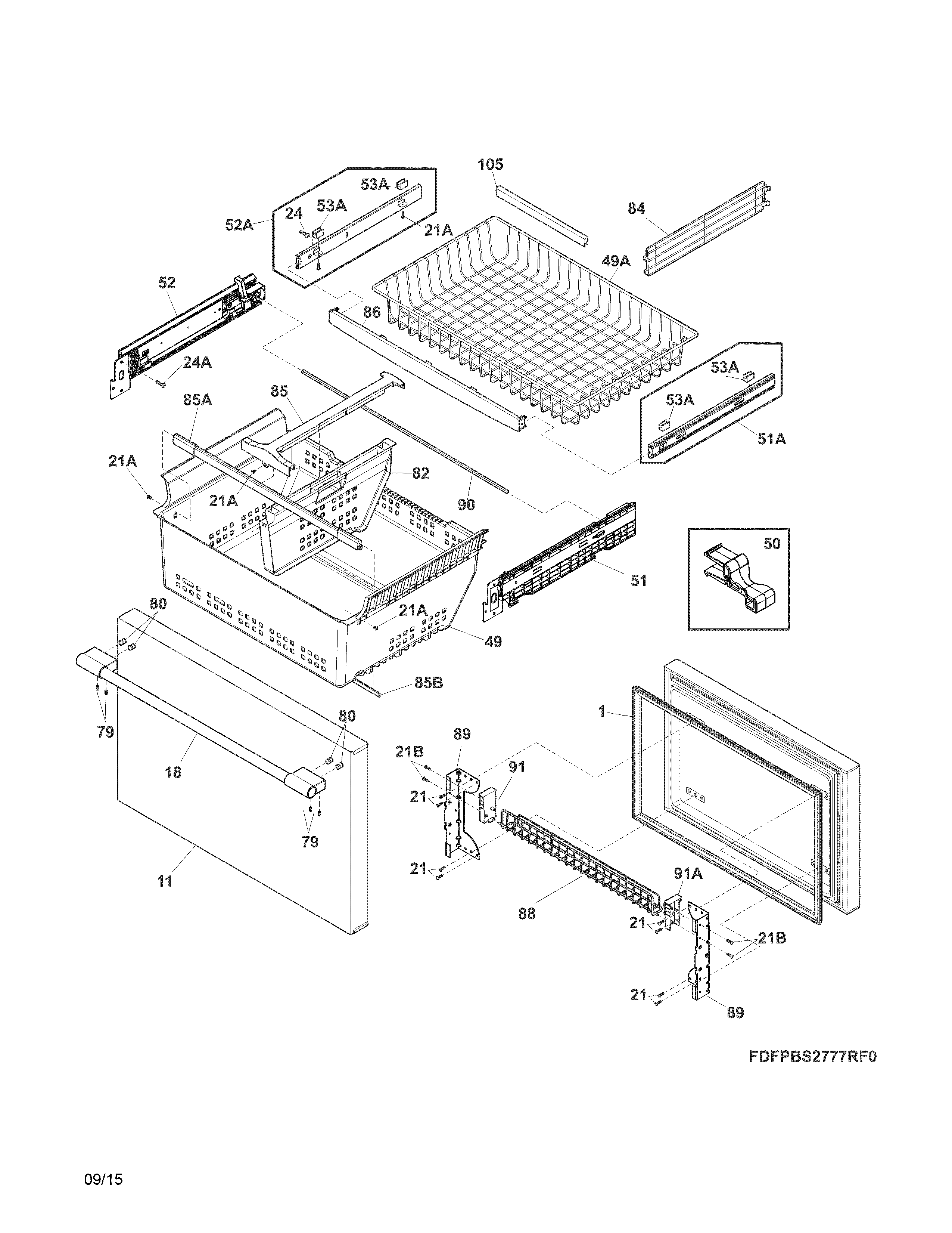 Frigidaire FPBS2777RF2 freezer drawer, baskets diagram