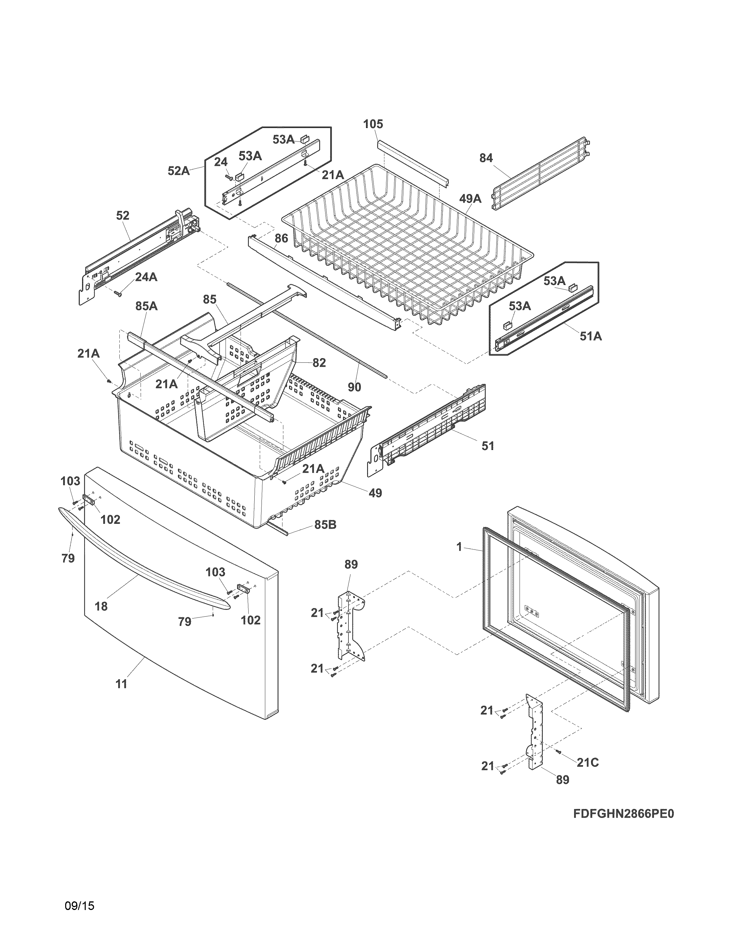Frigidaire FGHN2866PF4A freezer drawer, baskets diagram