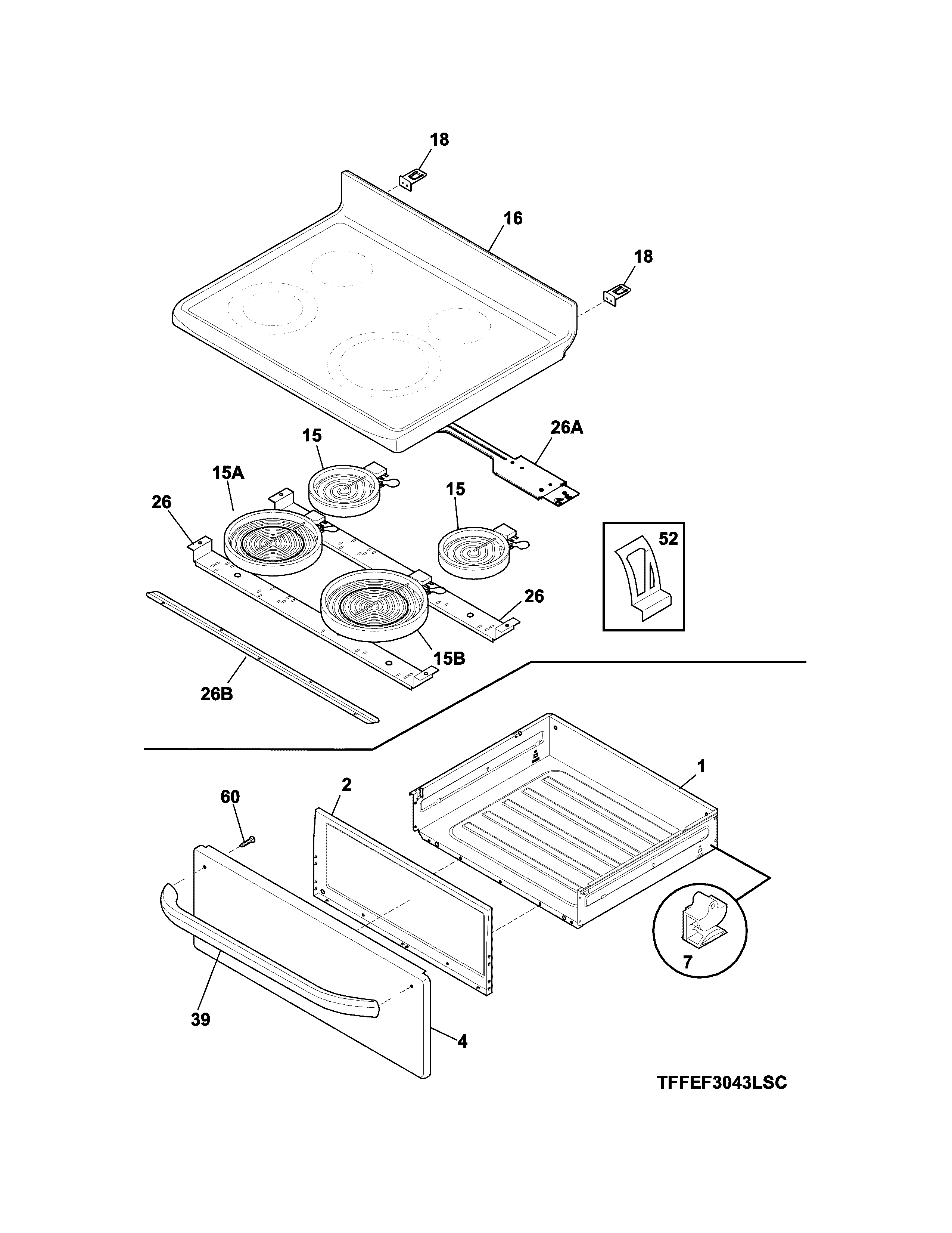 Frigidaire CFEF3043RSB top/drawer diagram