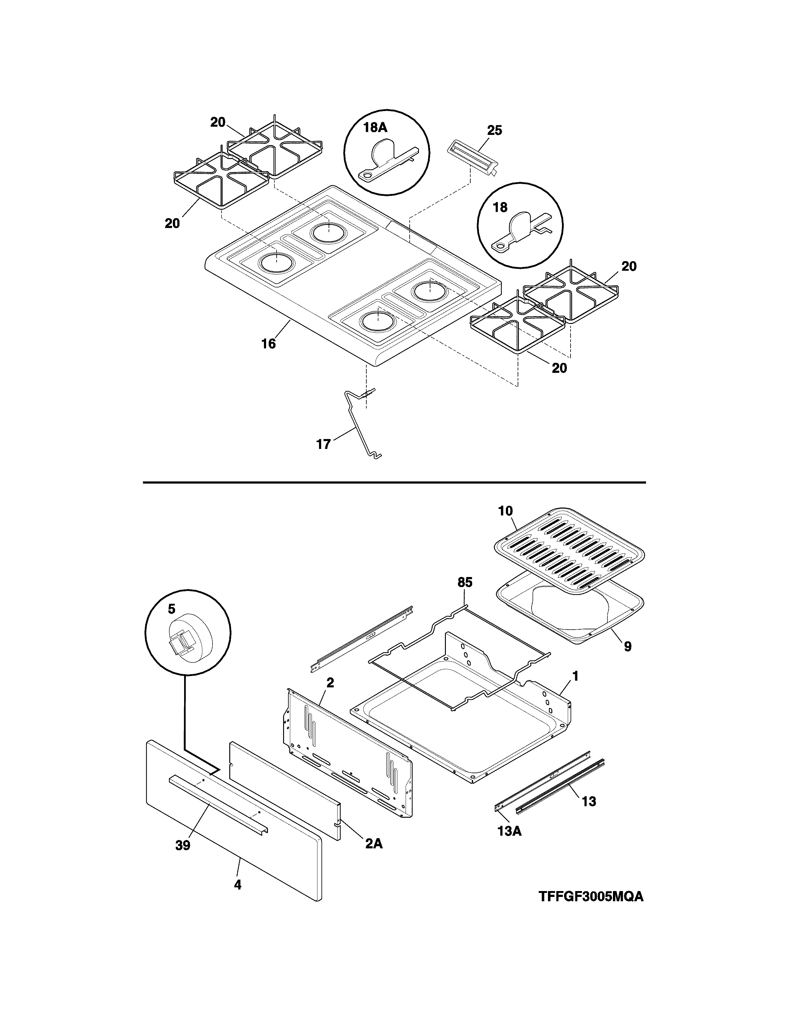 Frigidaire FFGF3005MWC top/drawer diagram