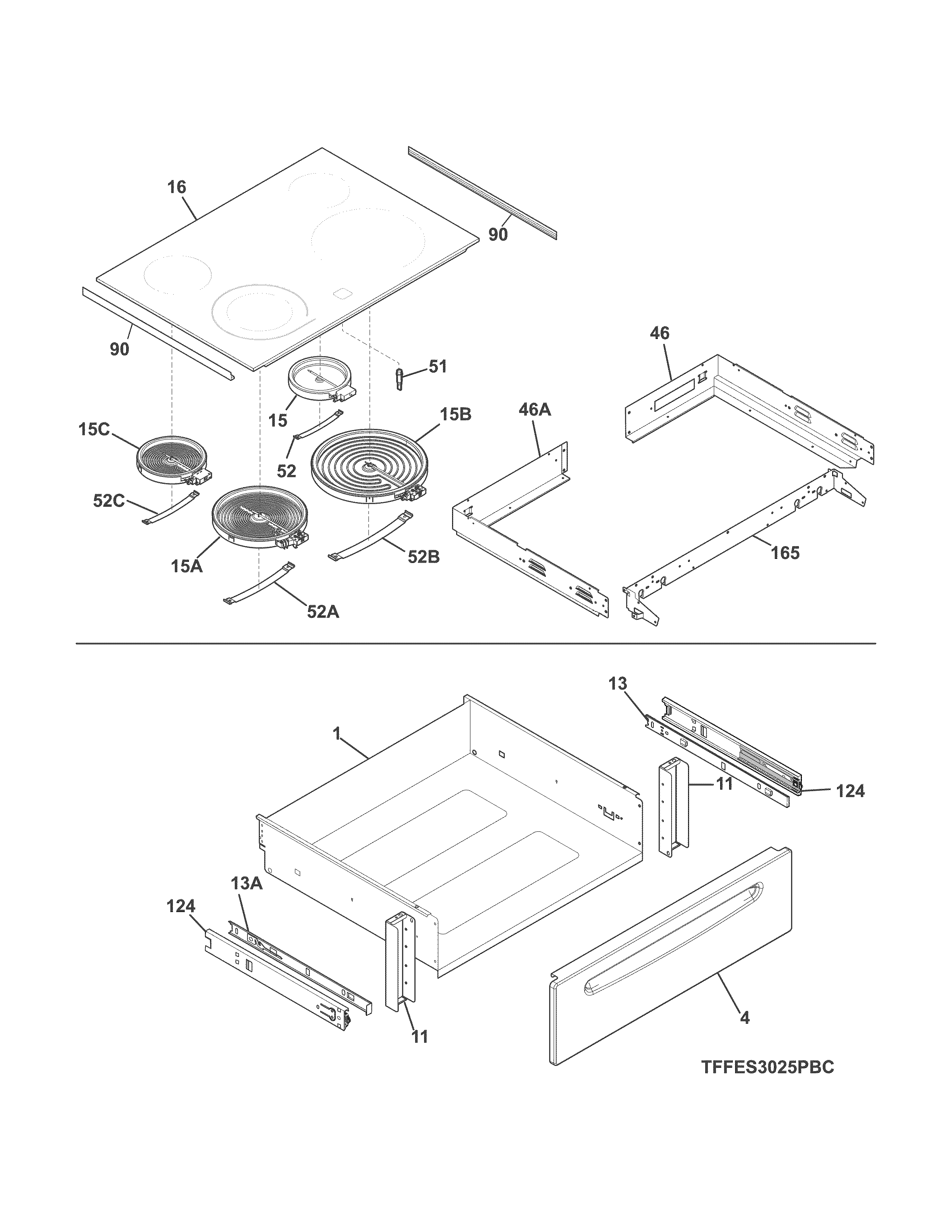 Frigidaire FFES3025PWF top/drawer diagram
