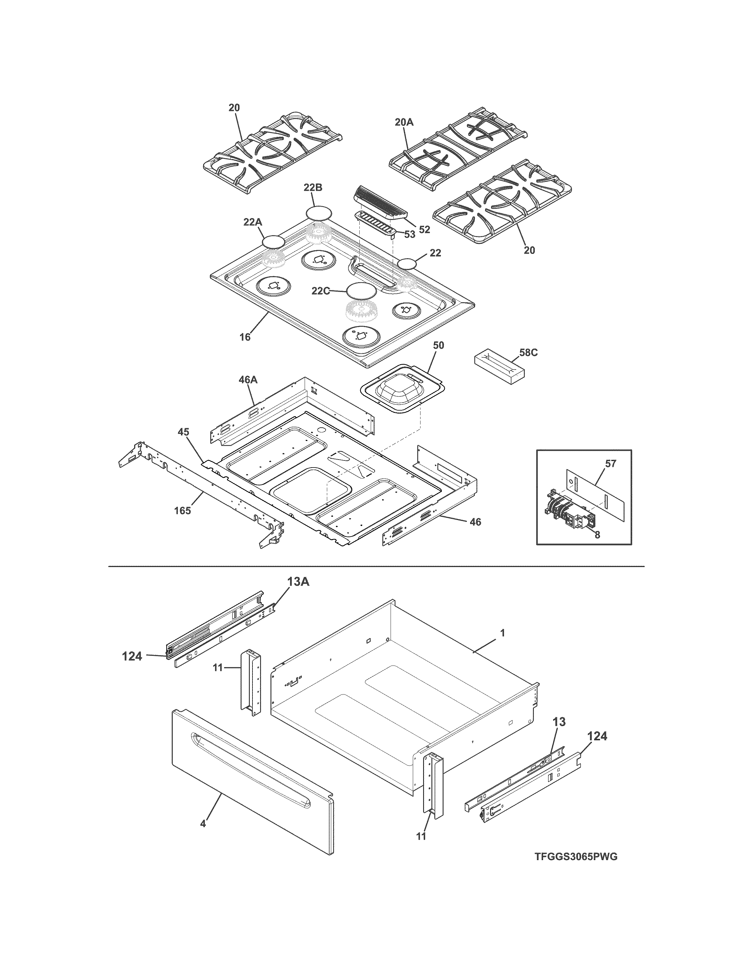 Frigidaire FGGS3065PWG top/drawer diagram