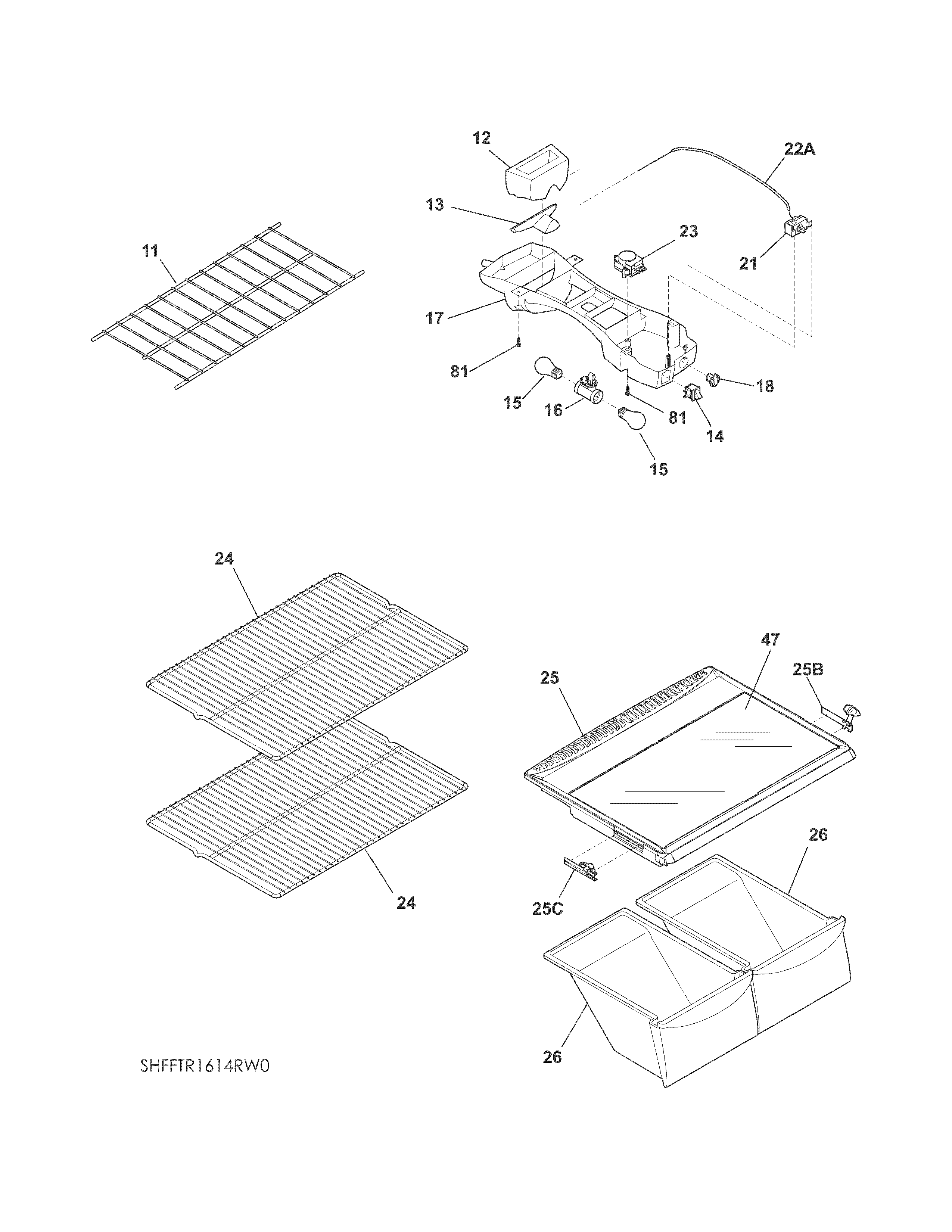 Frigidaire FFTR1614RW1 shelves diagram