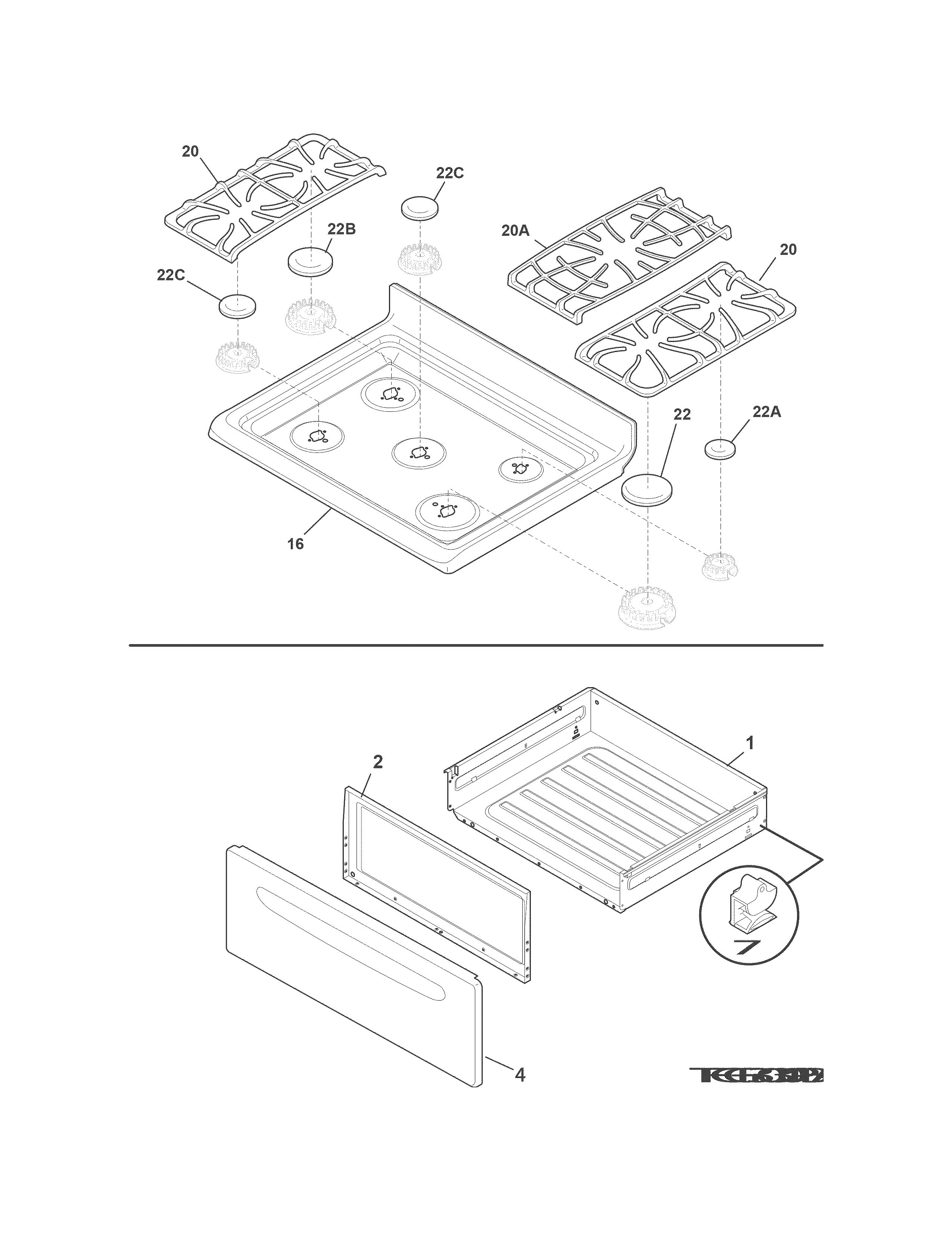 Frigidaire FGGF3030PWA top/drawer diagram