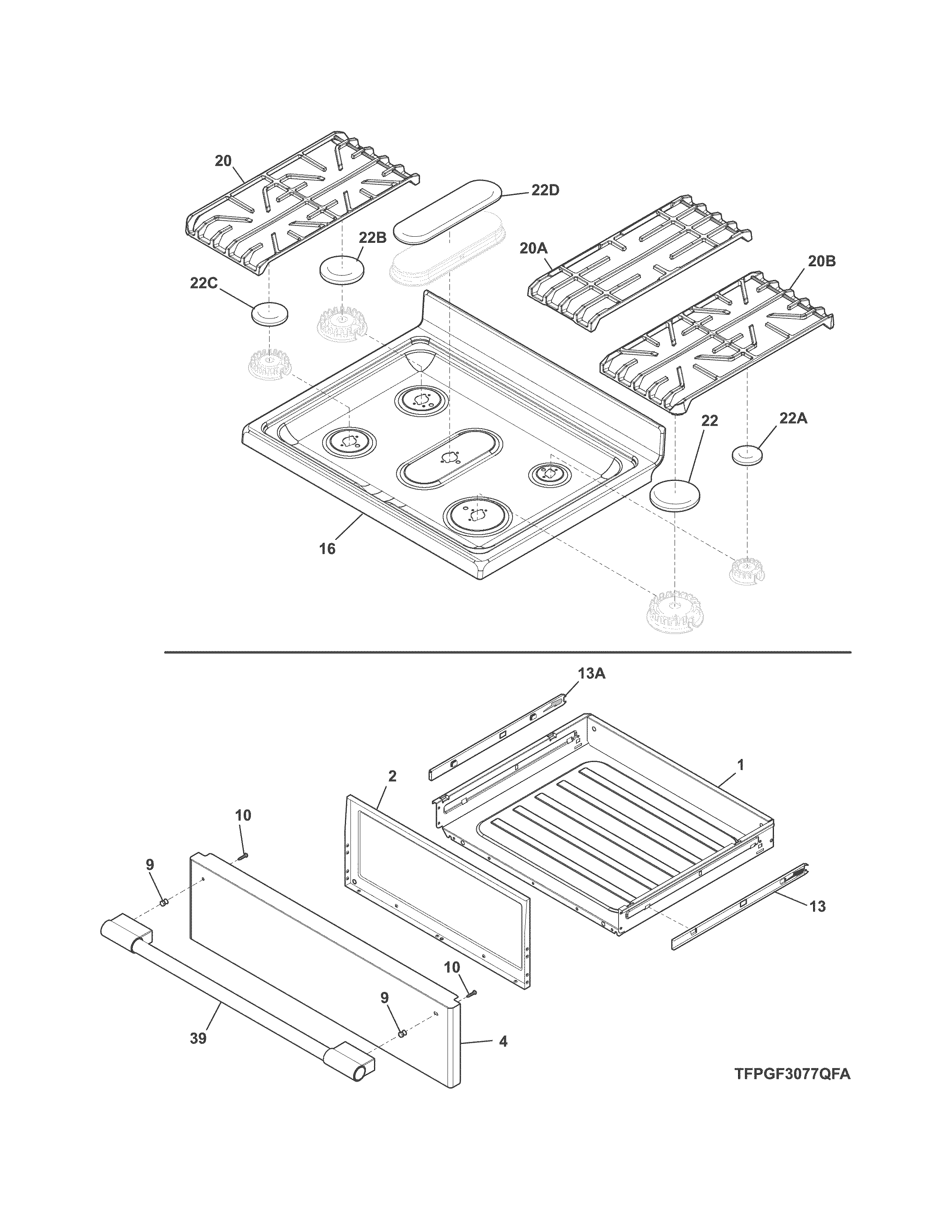 Frigidaire FPGF3077QFA top/drawer diagram