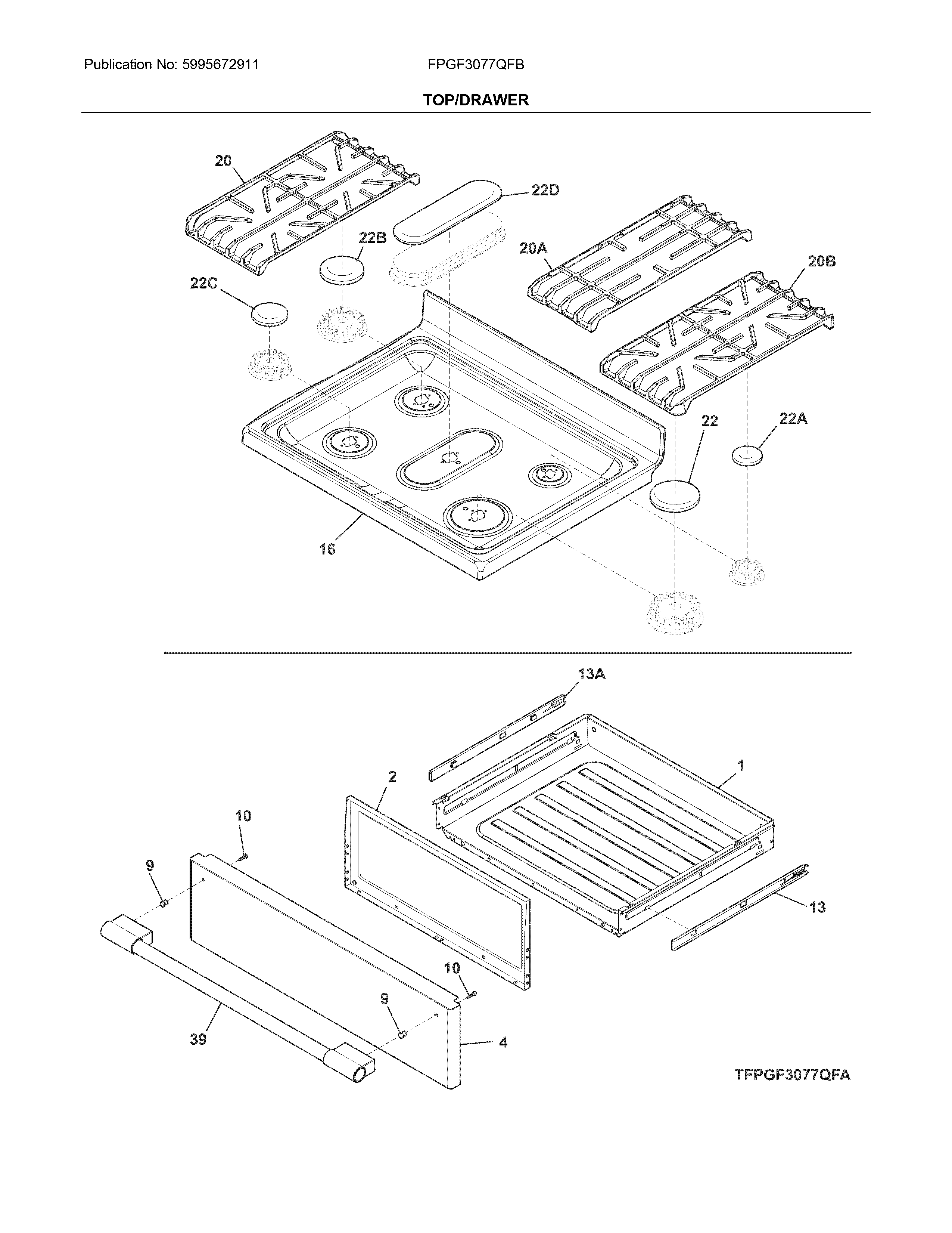 Frigidaire FPGF3077QFB top/drawer diagram