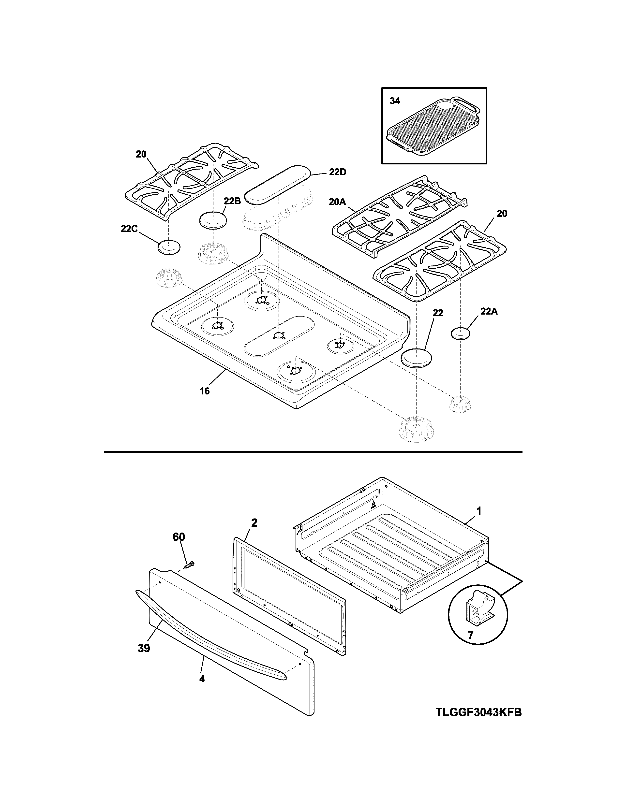 Frigidaire FGGF3058RBA top/drawer diagram