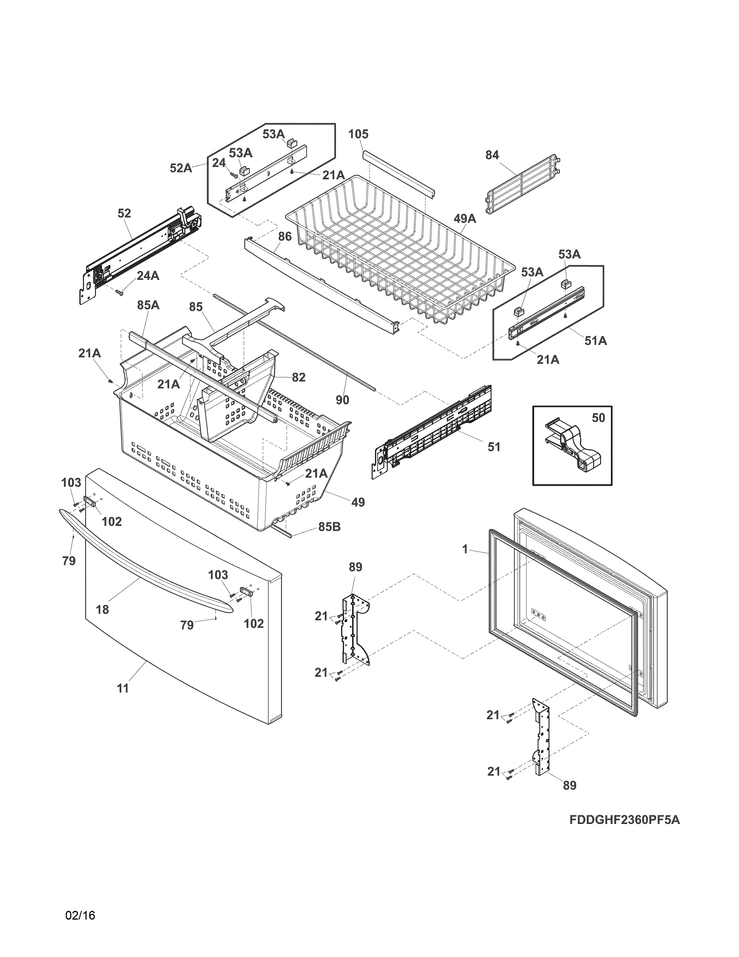 Frigidaire FGHG2366PF6A freezer drawer, baskets diagram