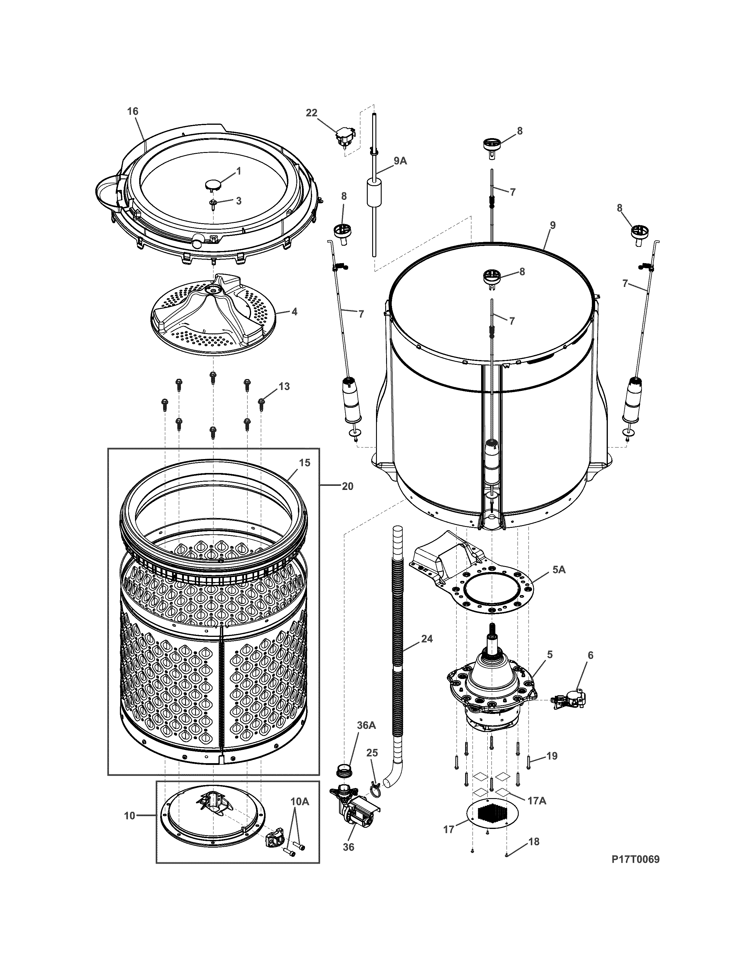 Frigidaire FFLE3911QW0 motor/tub diagram