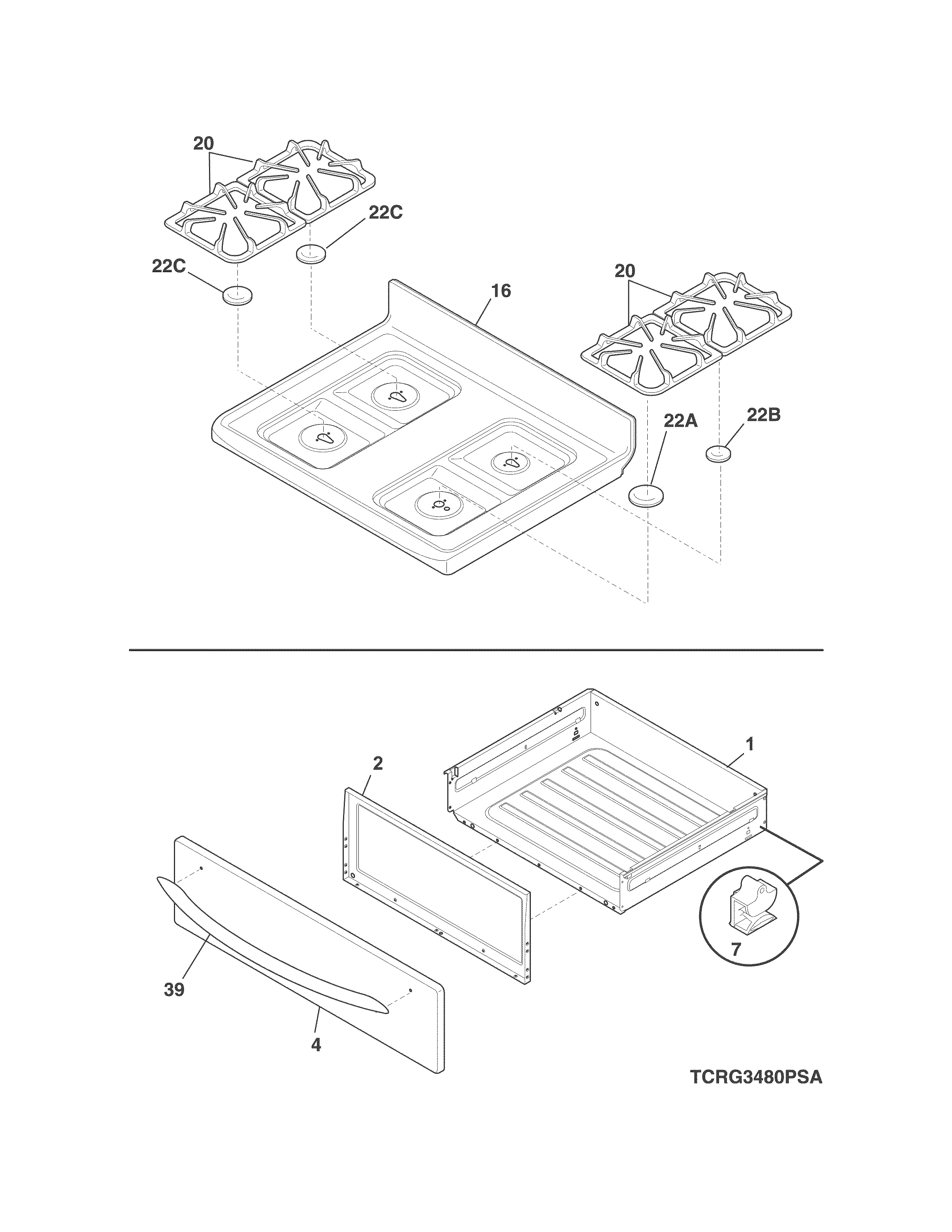 Crosley CRG3480PSC top/drawer diagram