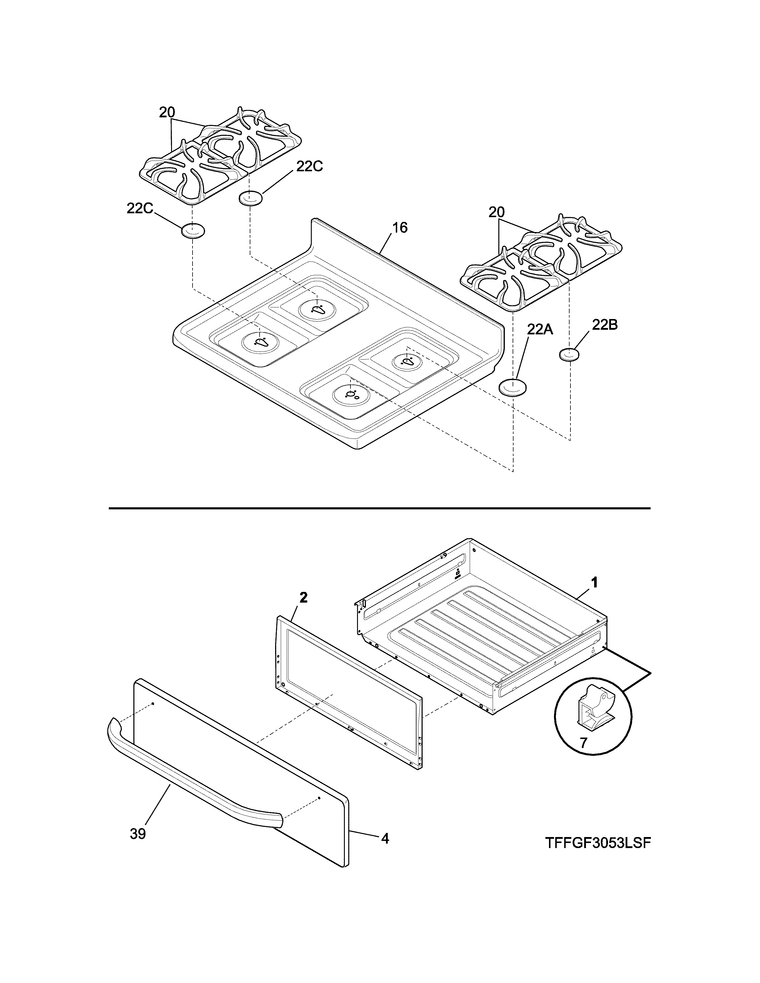 Frigidaire FFGF3023LSF top/drawer diagram