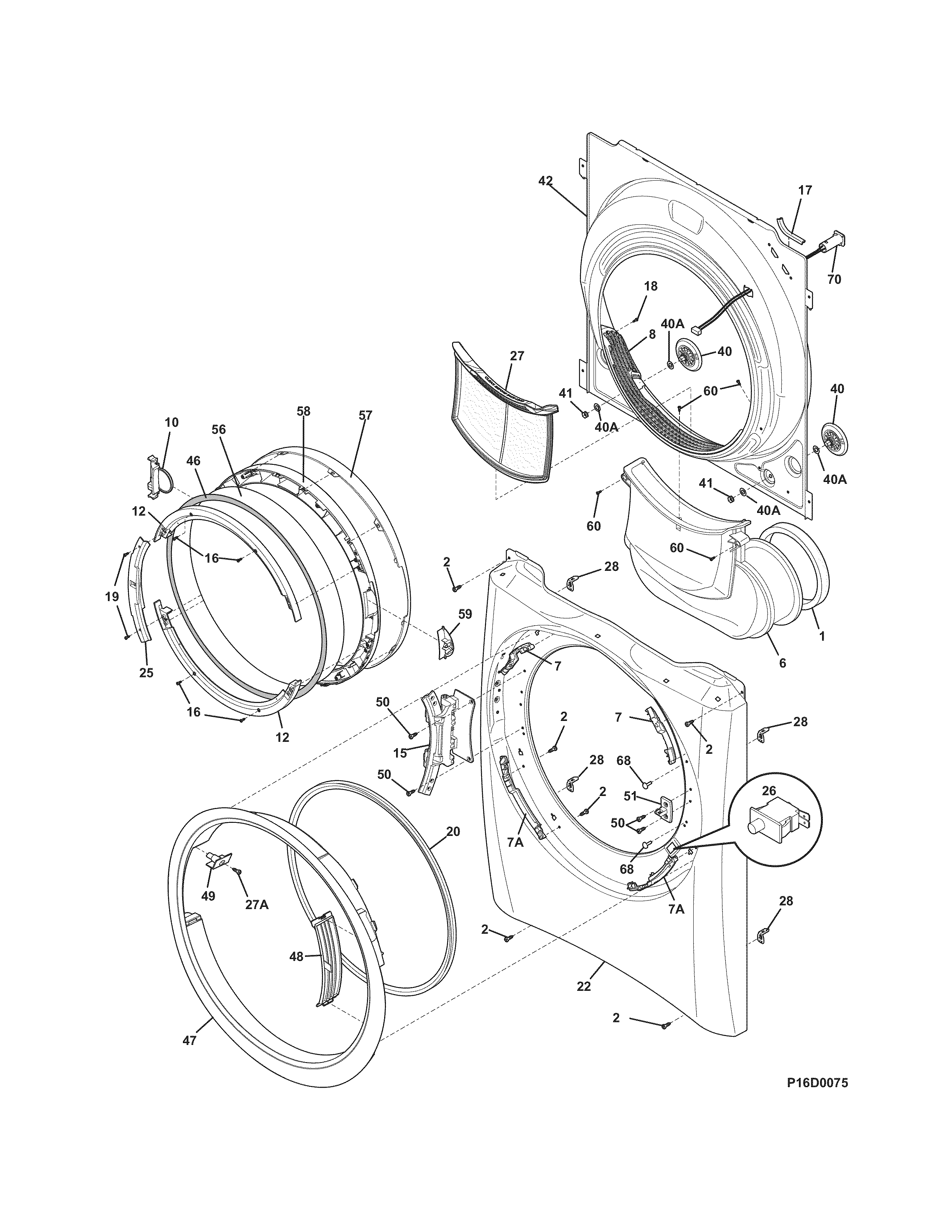 Electrolux EIMED6CLT3 front panel/lint filter diagram