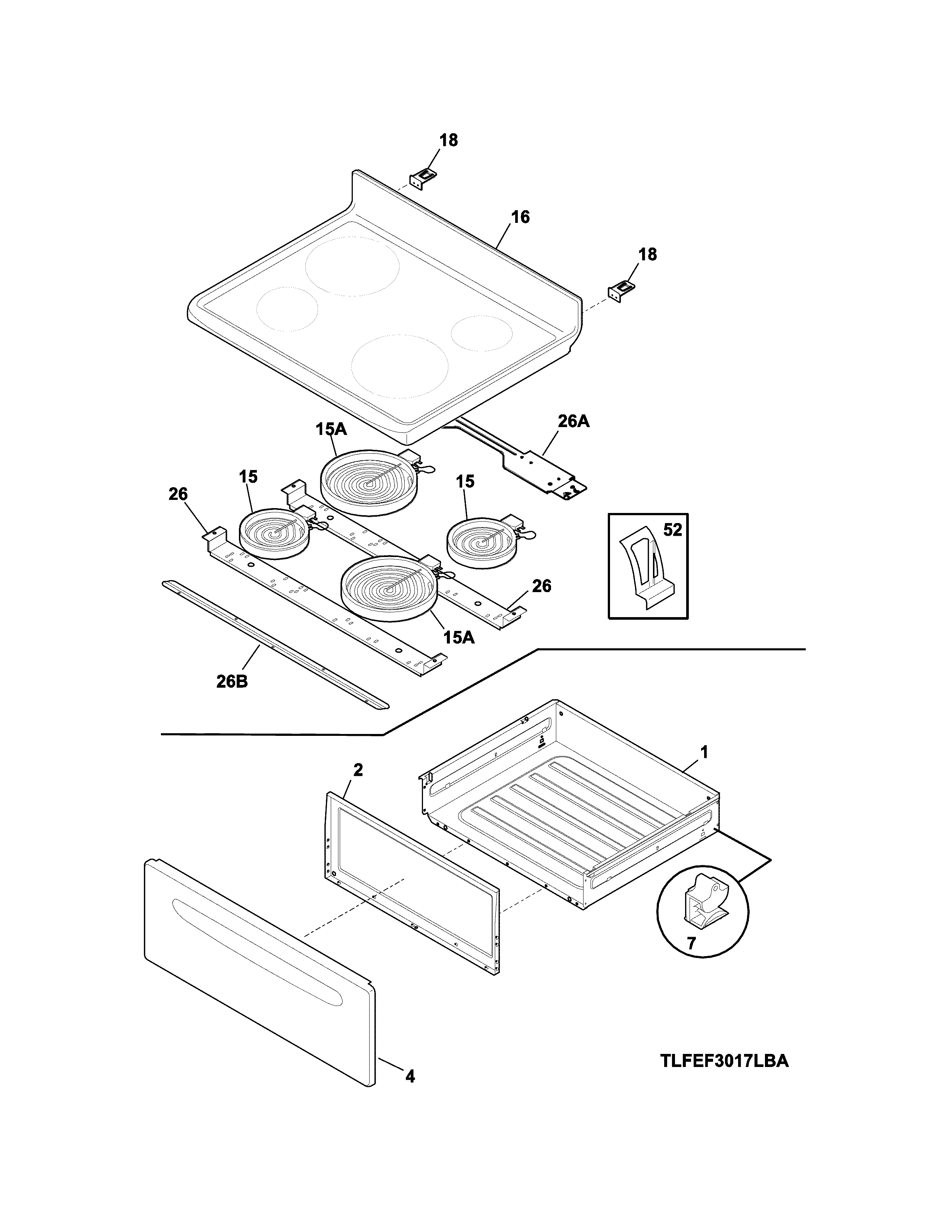 Frigidaire CFEF3014TWA top/drawer diagram
