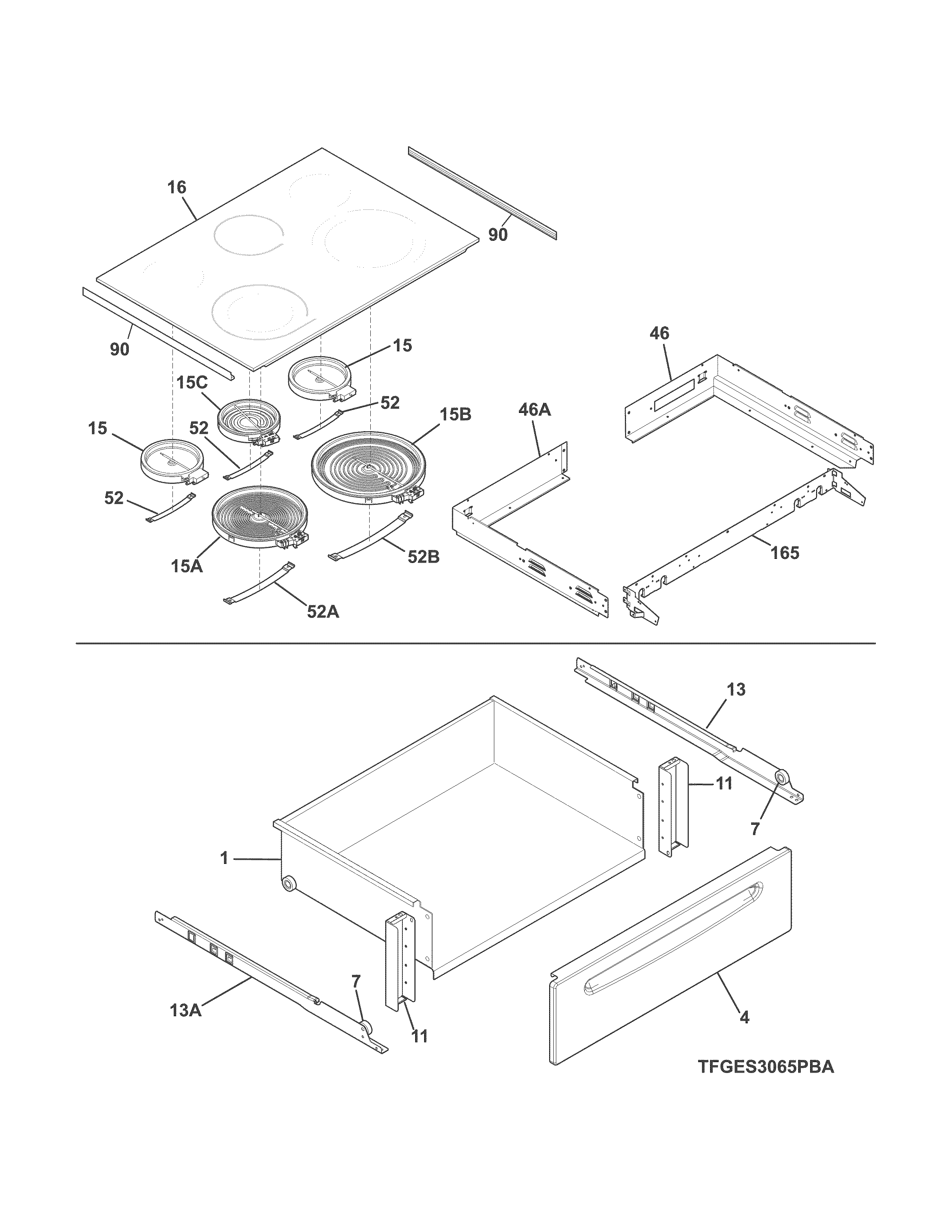 Frigidaire CGES3065PWA top/drawer diagram