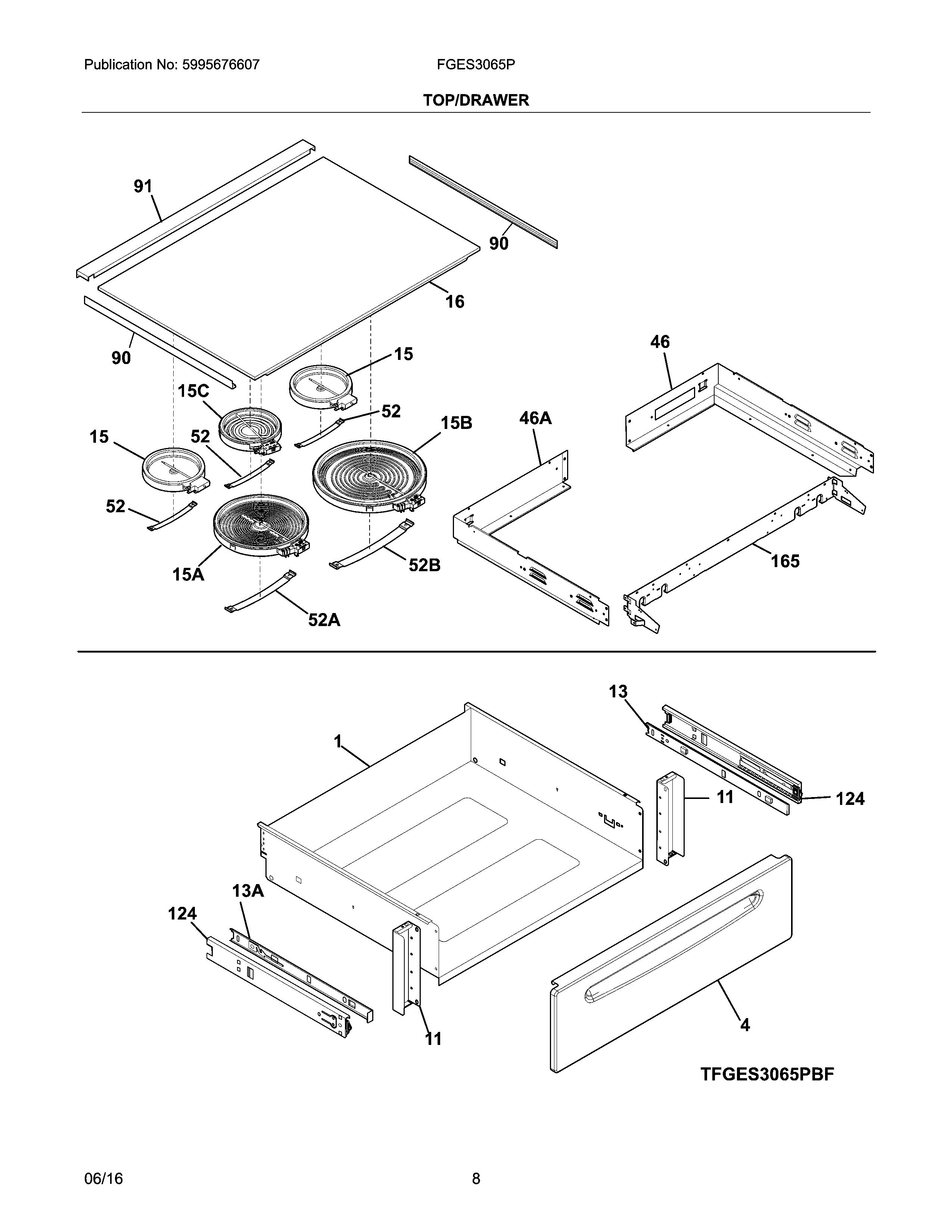 Frigidaire FGES3065PBH top/drawer diagram