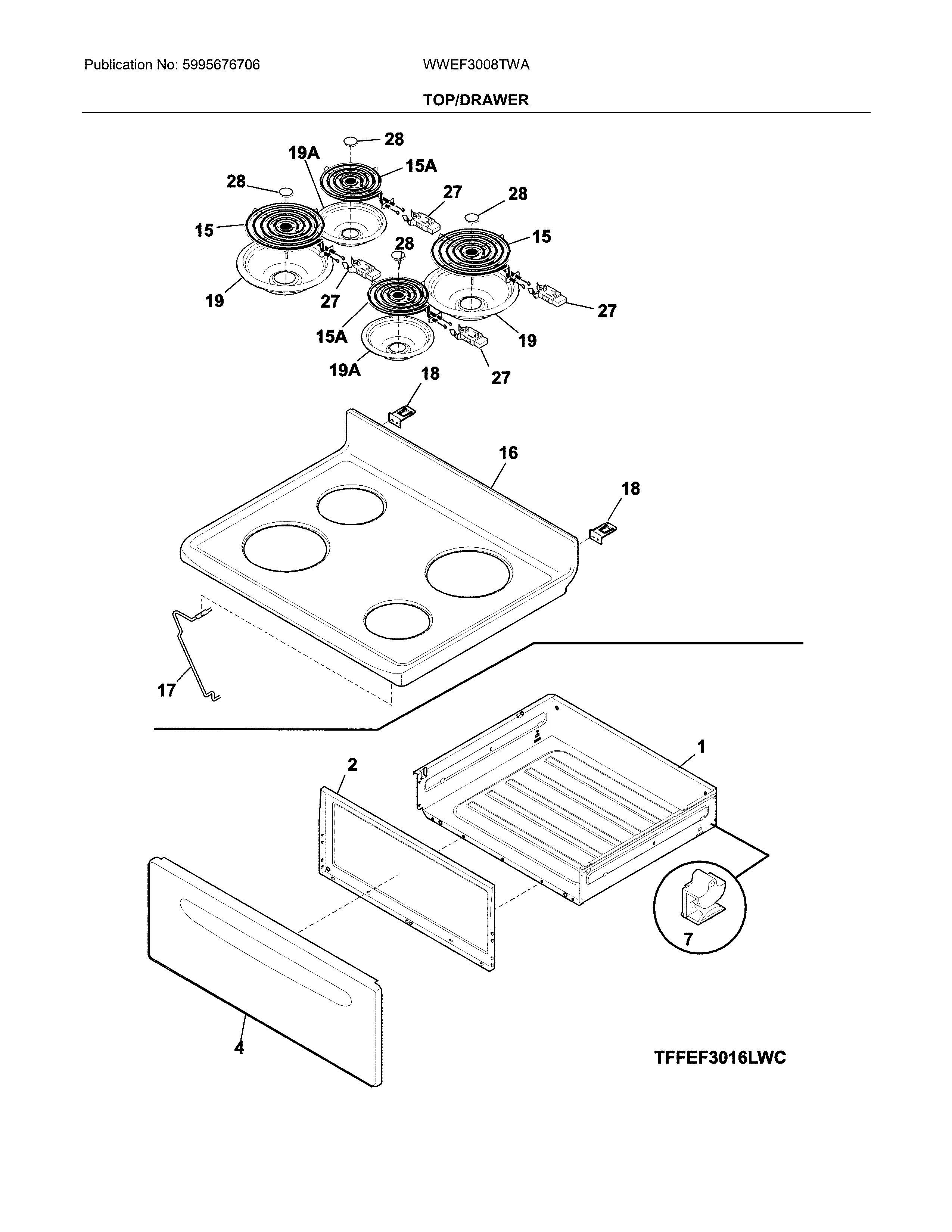 White-Westinghouse WWEF3008TWA top/drawer diagram