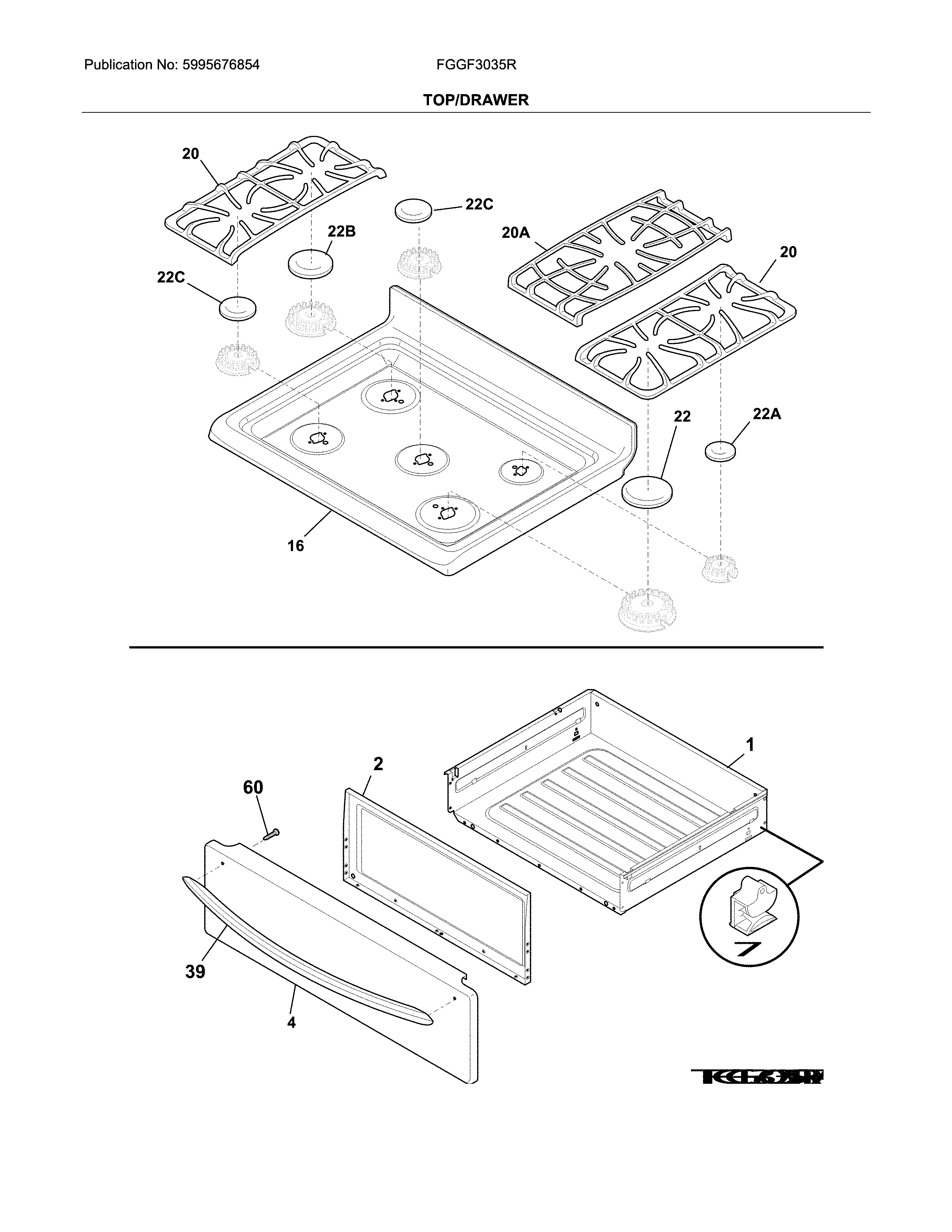 Frigidaire FGGF3035RWB top/drawer diagram