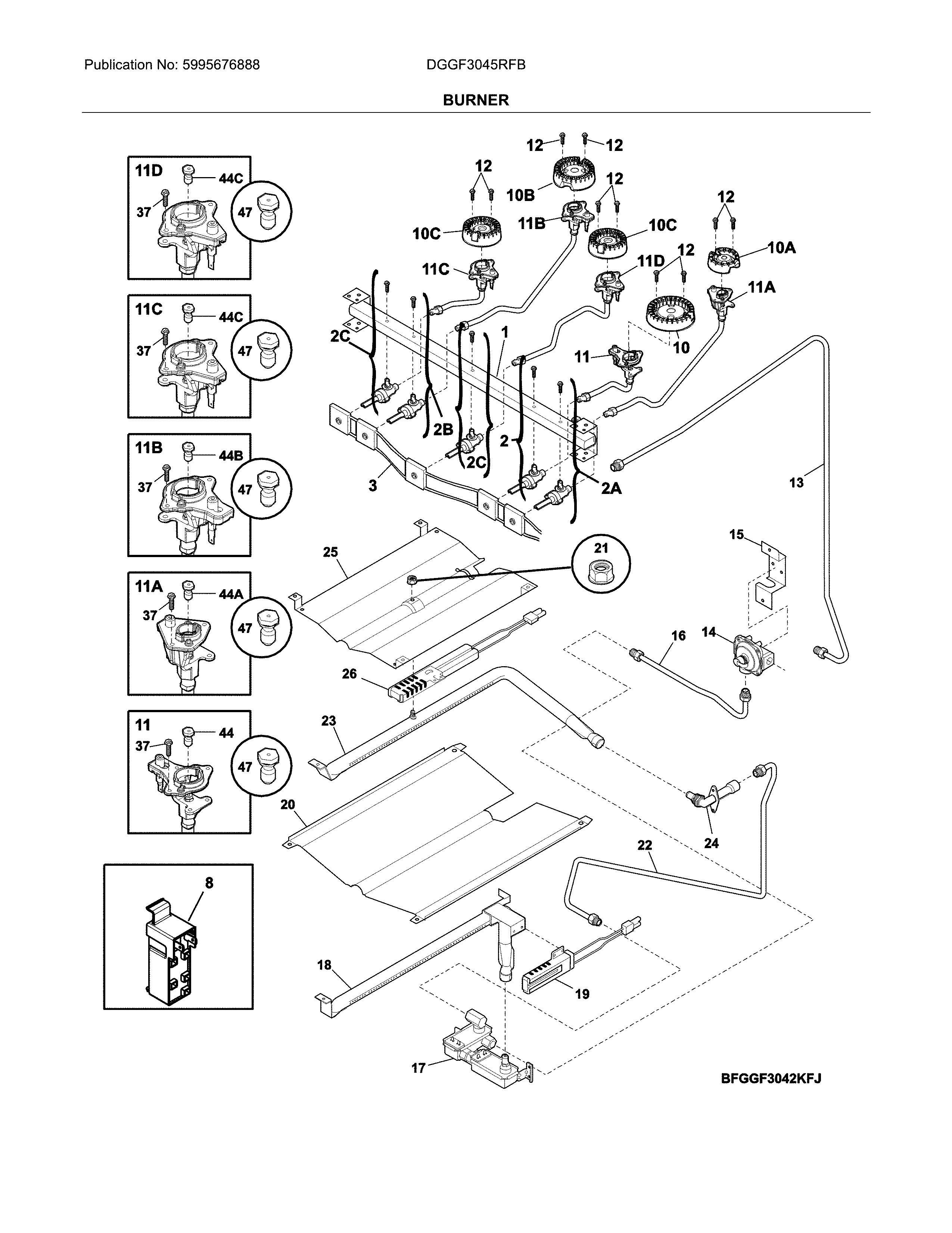 Frigidaire DGGF3045RFB burner diagram
