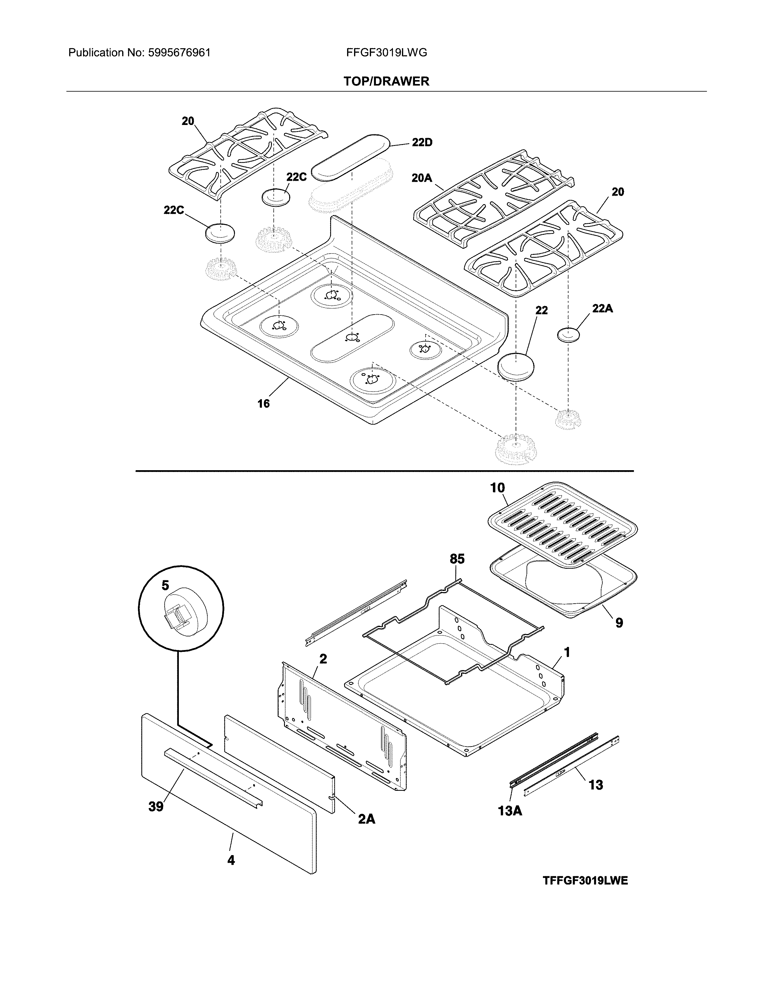 Frigidaire FFGF3019LWG top/drawer diagram