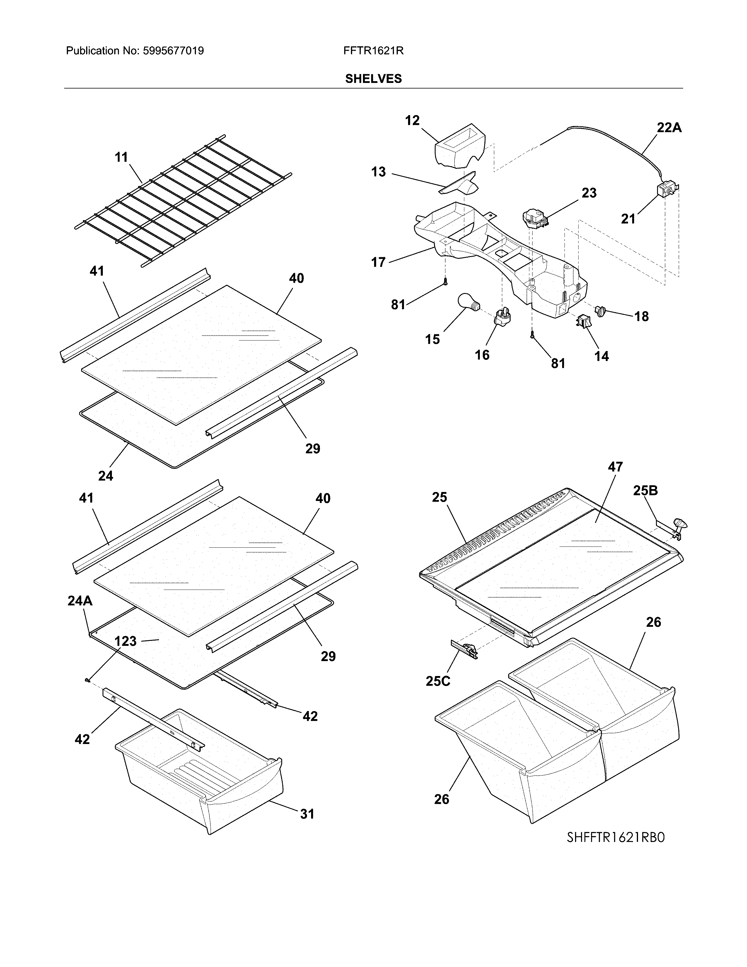 Frigidaire FFTR1621RW1 shelves diagram