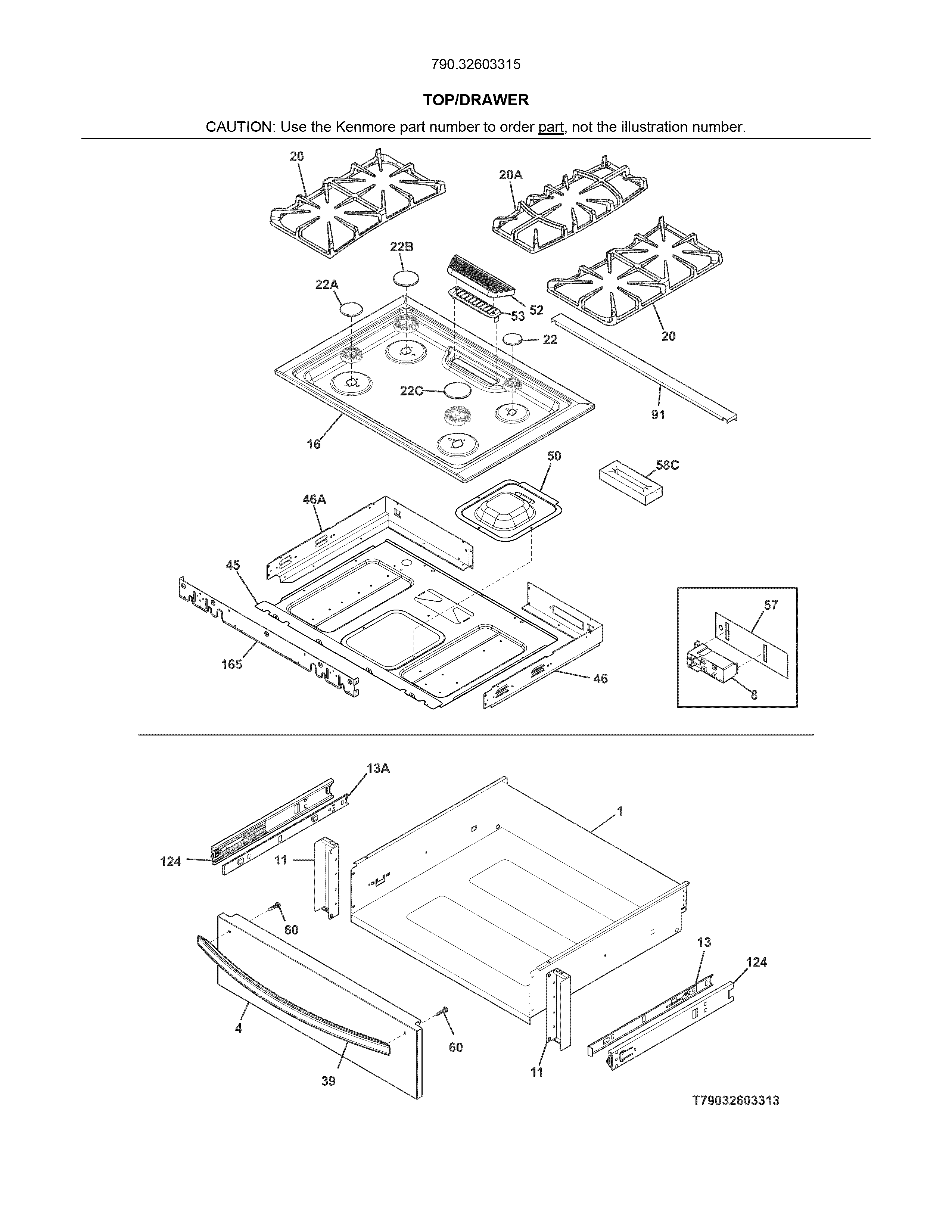Kenmore 79032603315 top/drawer diagram