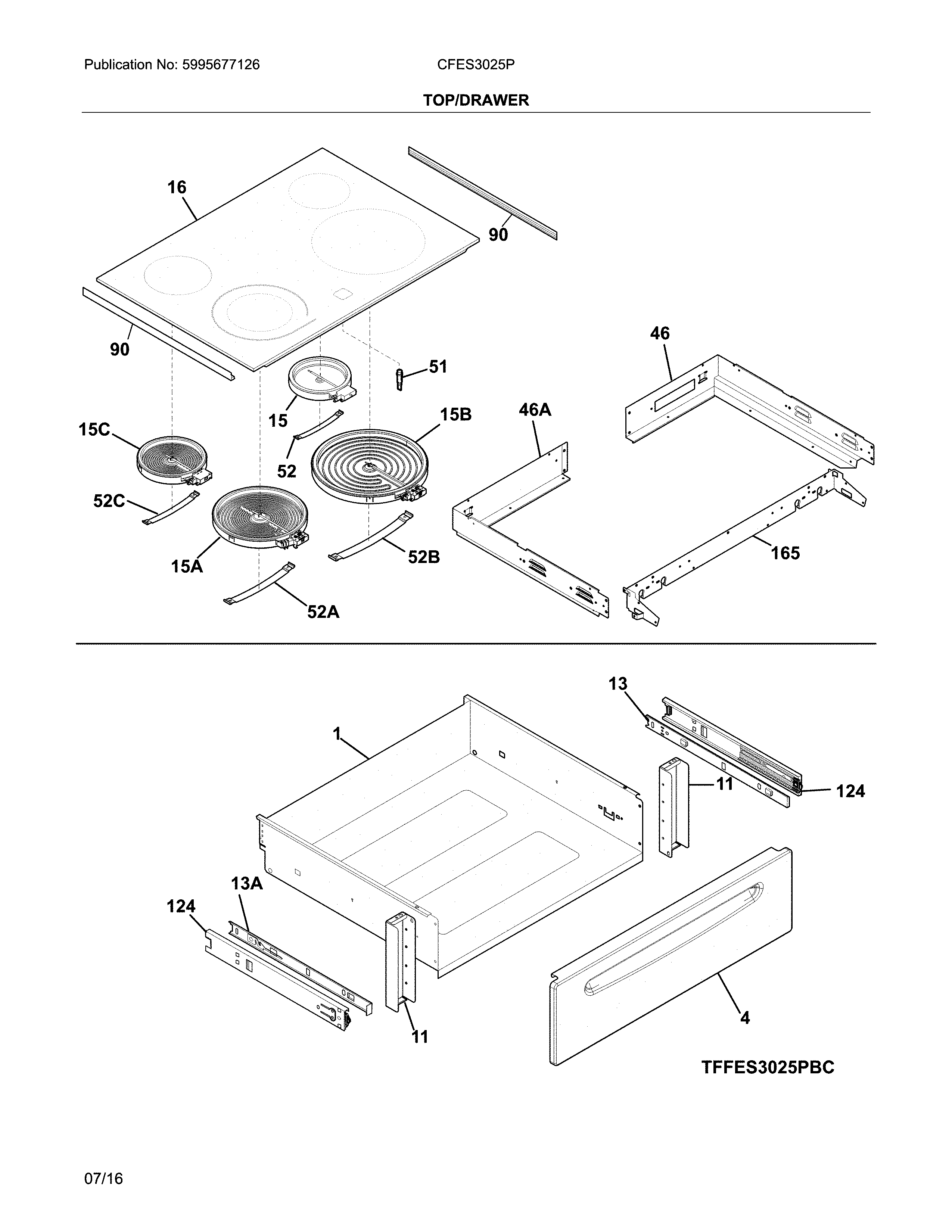 Frigidaire CFES3025PBG top/drawer diagram