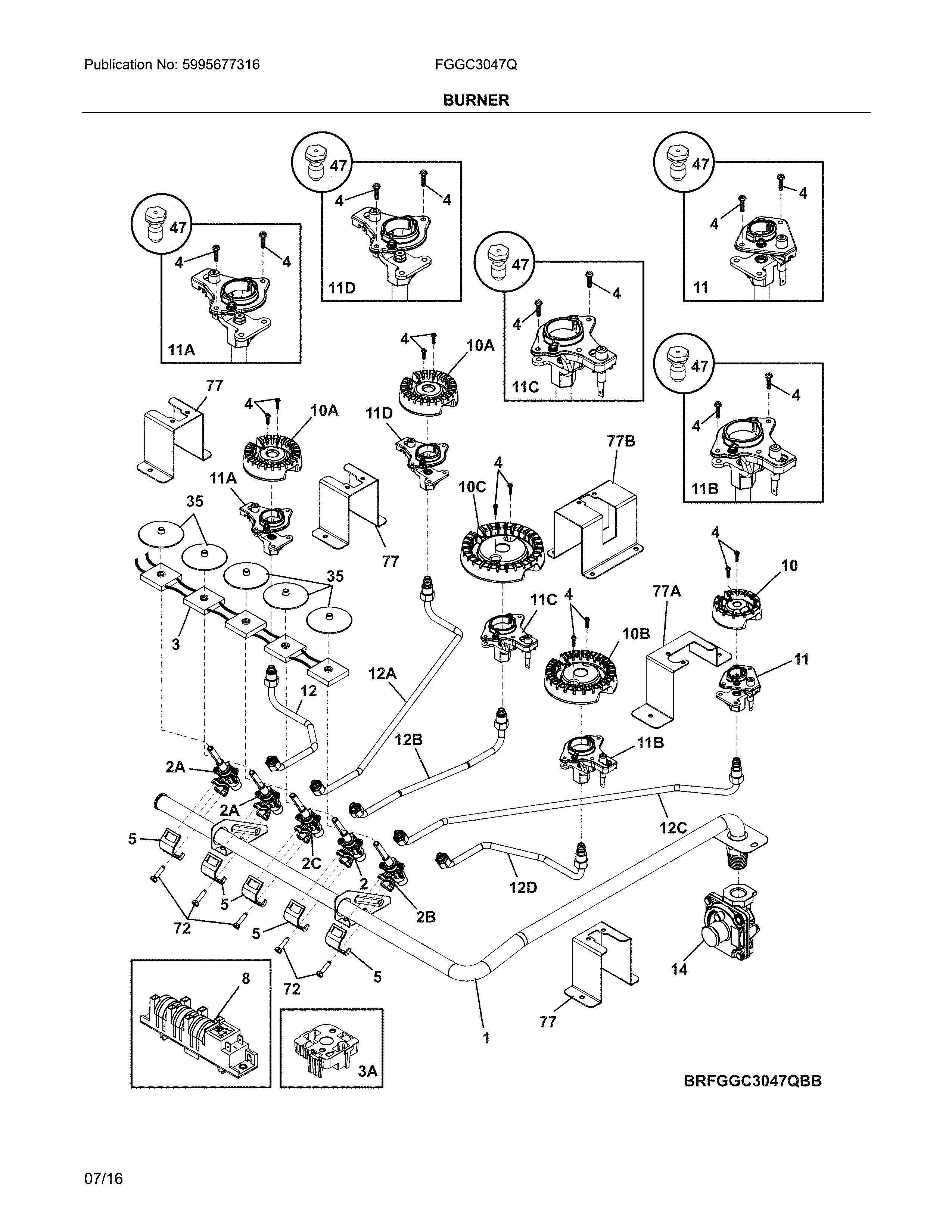 Frigidaire FGGC3047QBB burners diagram