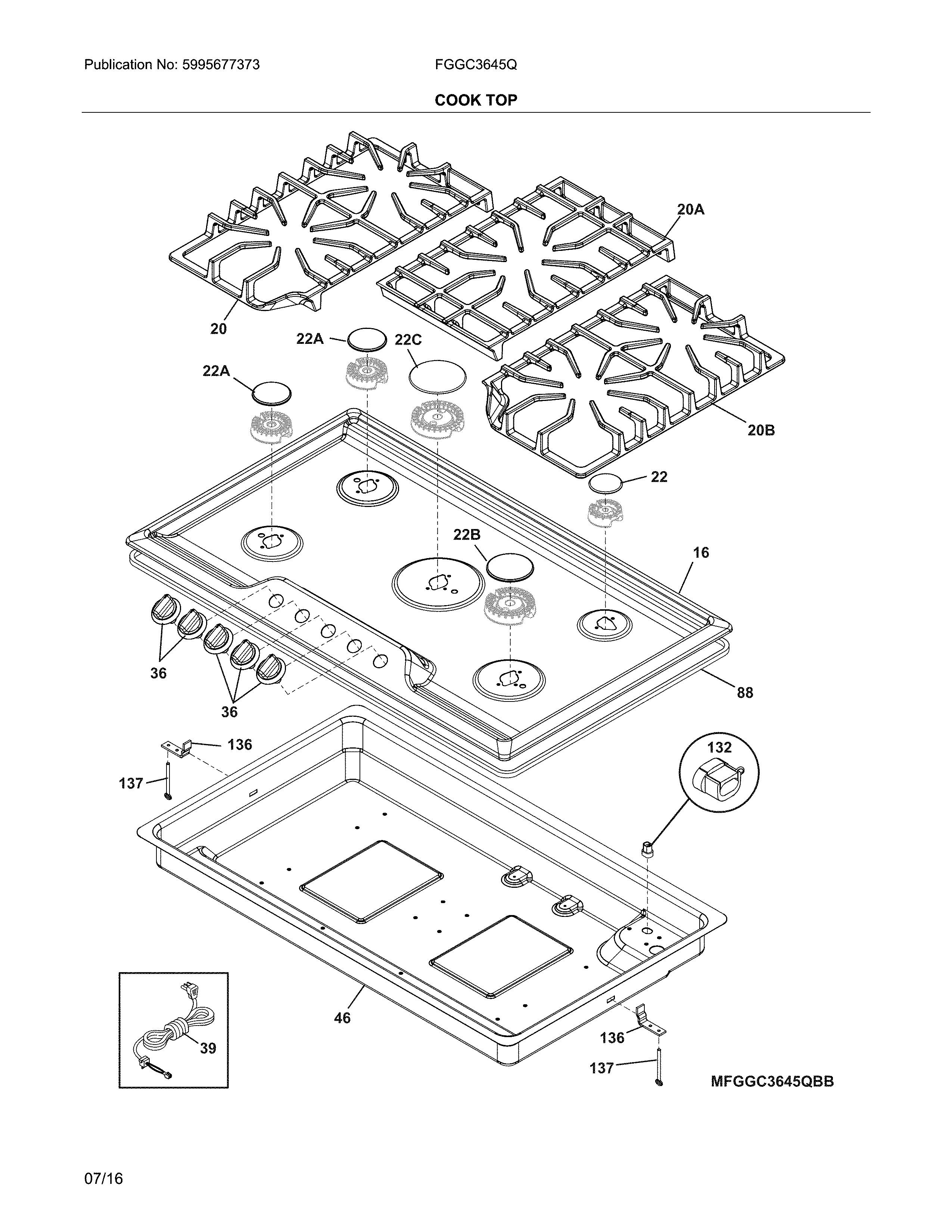 Frigidaire FGGC3645QSB maintop diagram